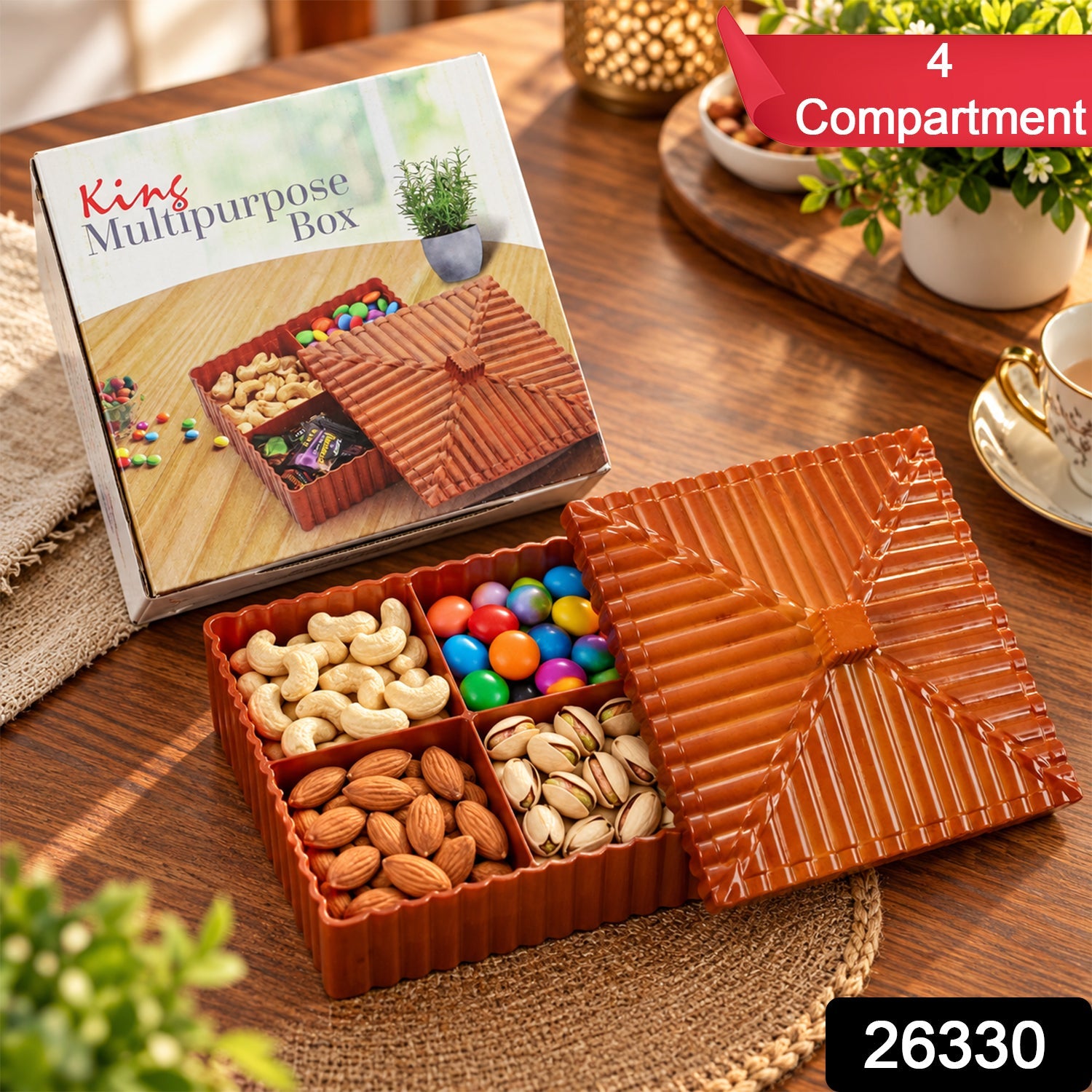 Brown four-compartment dry fruit and snack box with a ribbed lid, filled with various nuts and candies. â€“ view 2