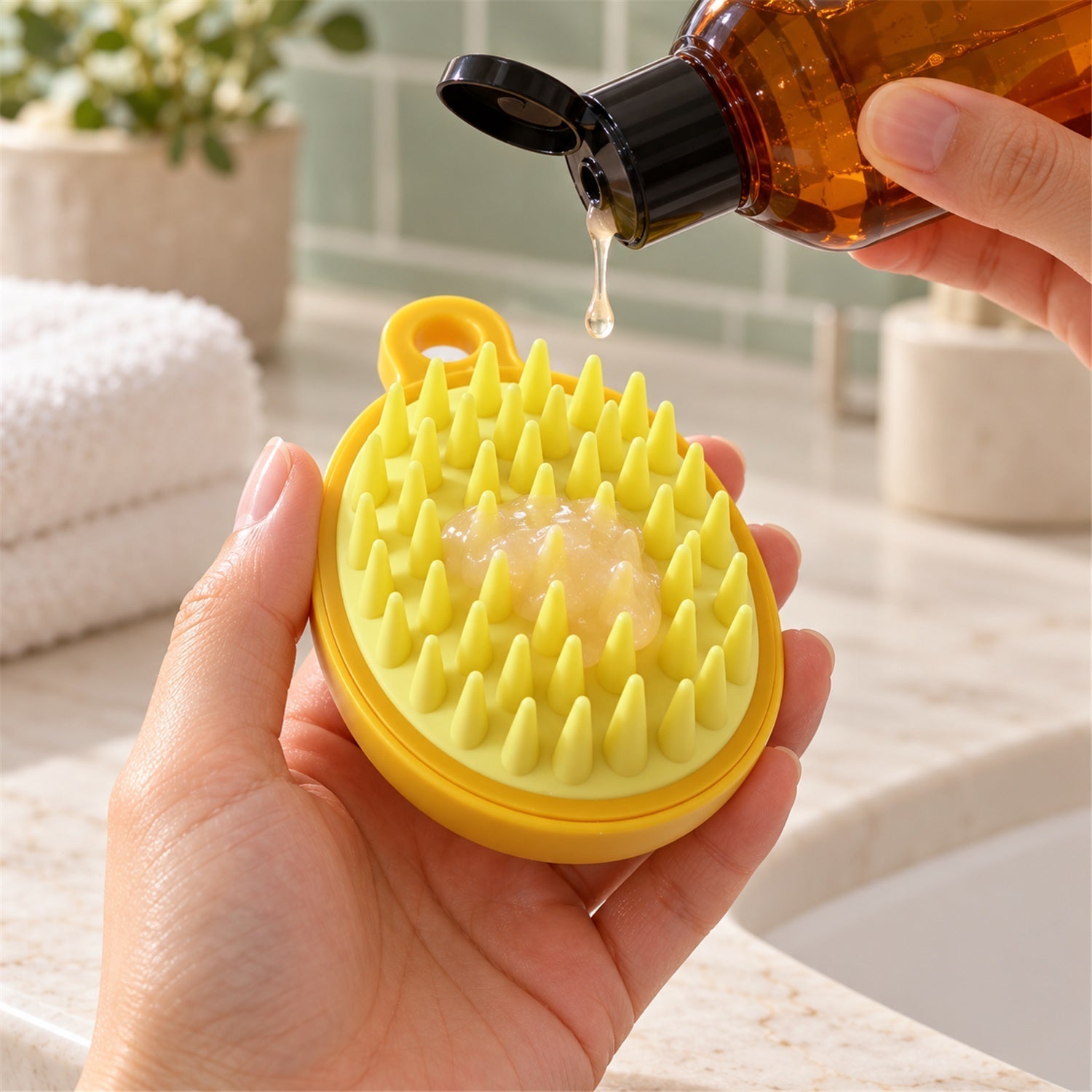 Hands hold the yellow silicone brush while pouring a clear liquid, likely shampoo, onto its light green bristles.
