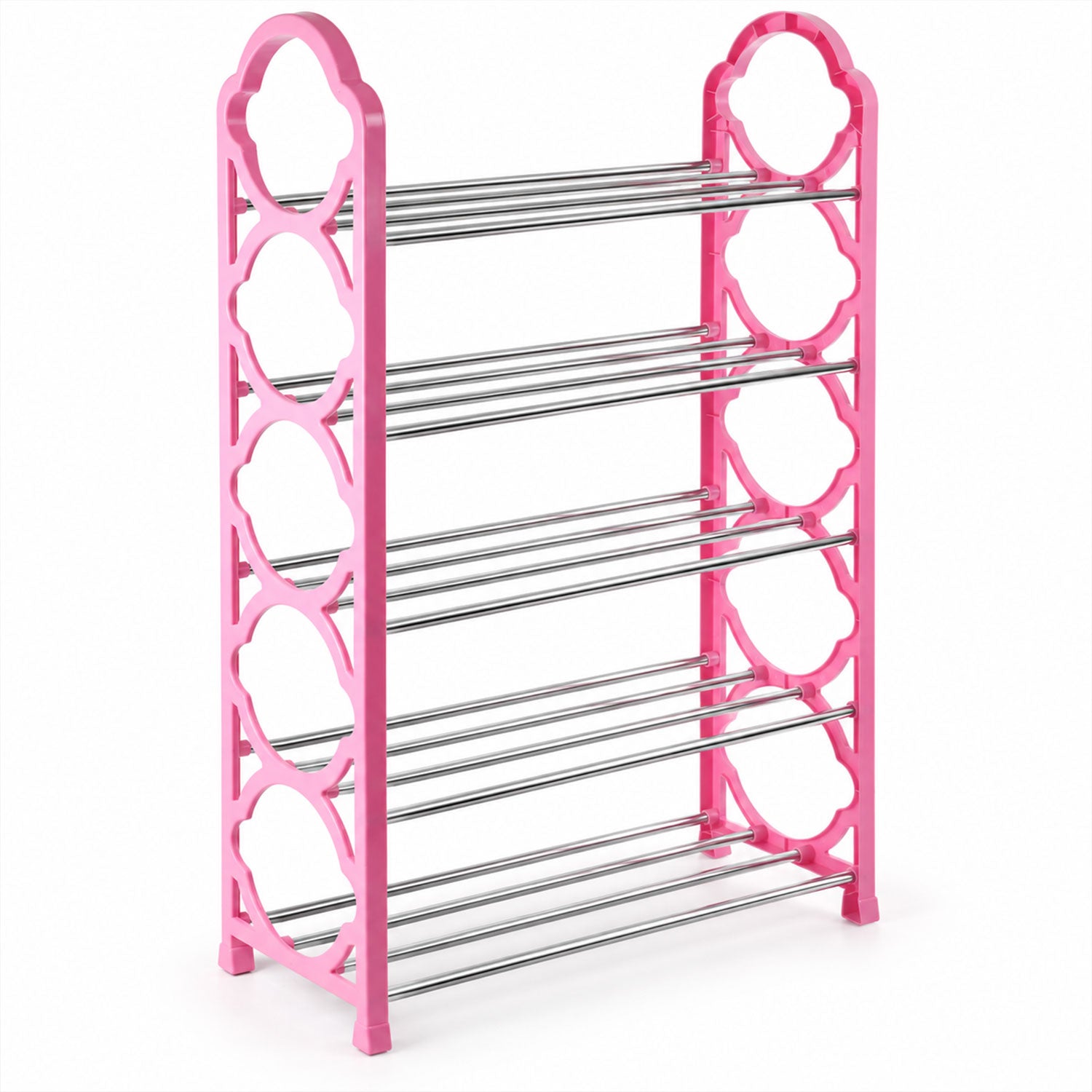 A standalone pink and silver five-tier shoe rack, showcasing its structure with decorative side panels and horizontal metal
