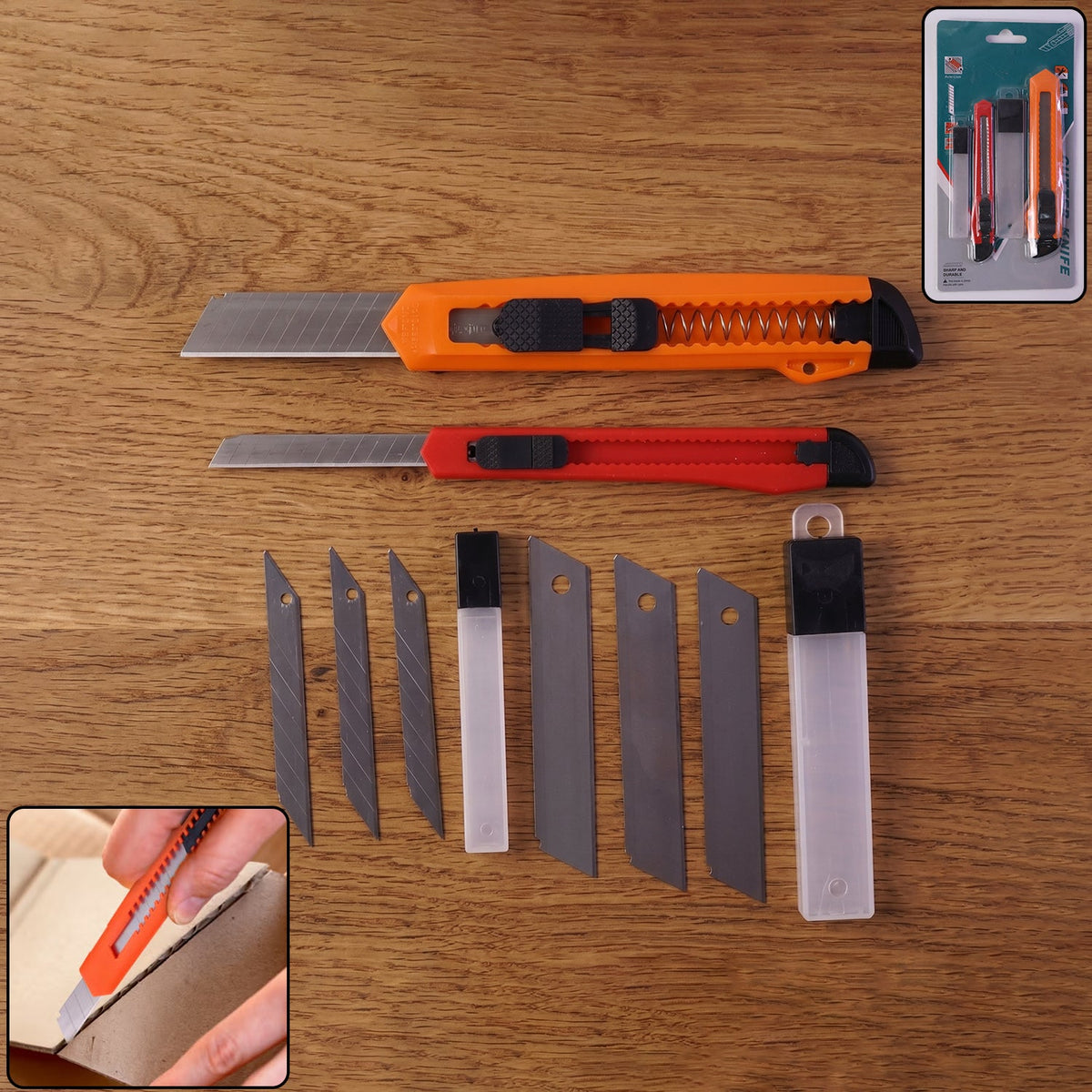 Utility knife set with two cutters and extra blades, perfect for packaging and DIY projects.