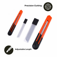 Two snap-off utility cutters in orange and red, with blades stored in tubes.