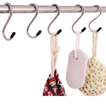 Close-up of S-shaped stainless steel hooks for heavy-duty hanging.