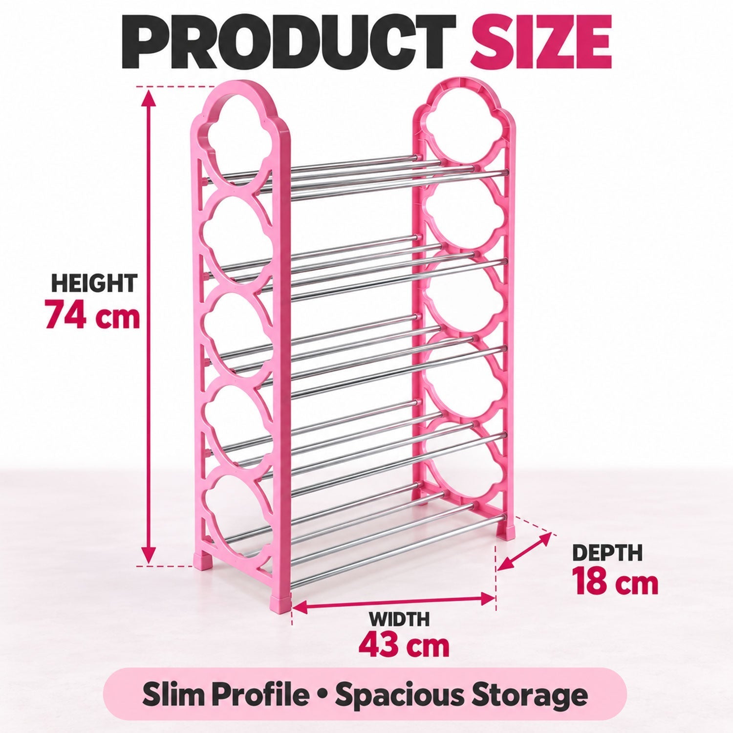 The pink shoe rack with dimensions indicating a height of 74 cm, width of 43 cm, and depth of 18 cm, highlighting its slim