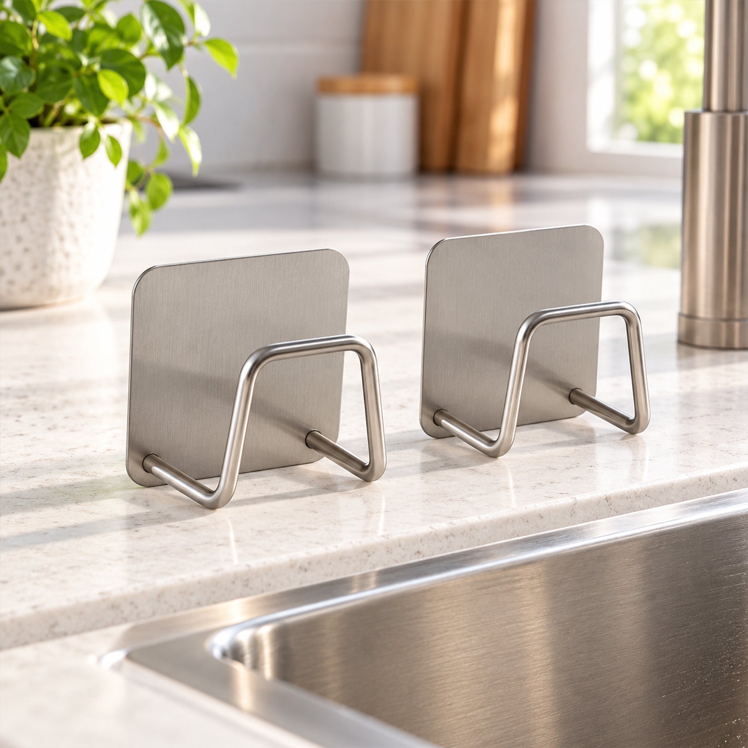 Two empty brushed stainless steel sponge holders stand upright on a light speckled kitchen countertop near a sink.