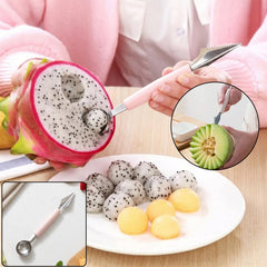 A person uses a pink-handled 2-in-1 tool to scoop dragon fruit balls, with a small inset of carving a melon.