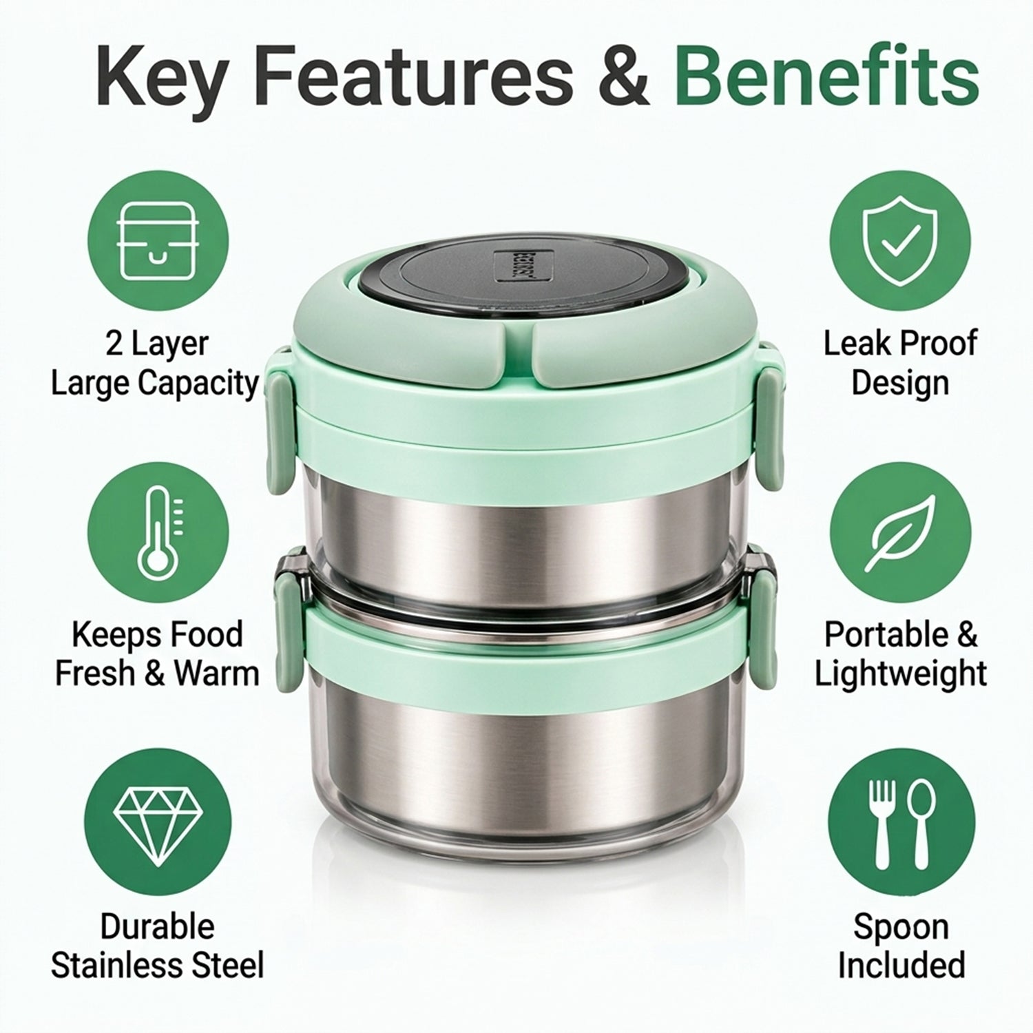 Features of steel lunch box set.