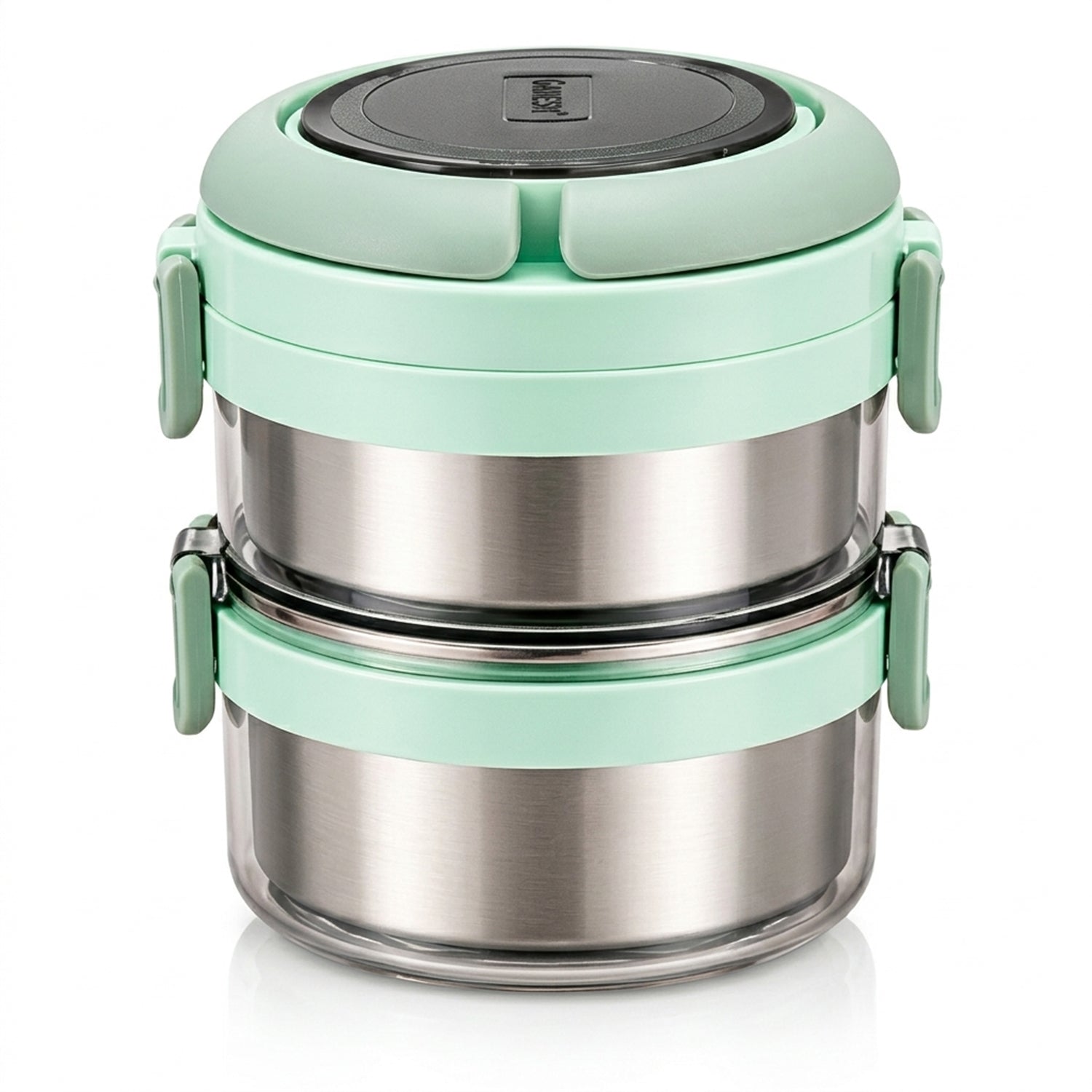 Detailed view of steel lunch box set.