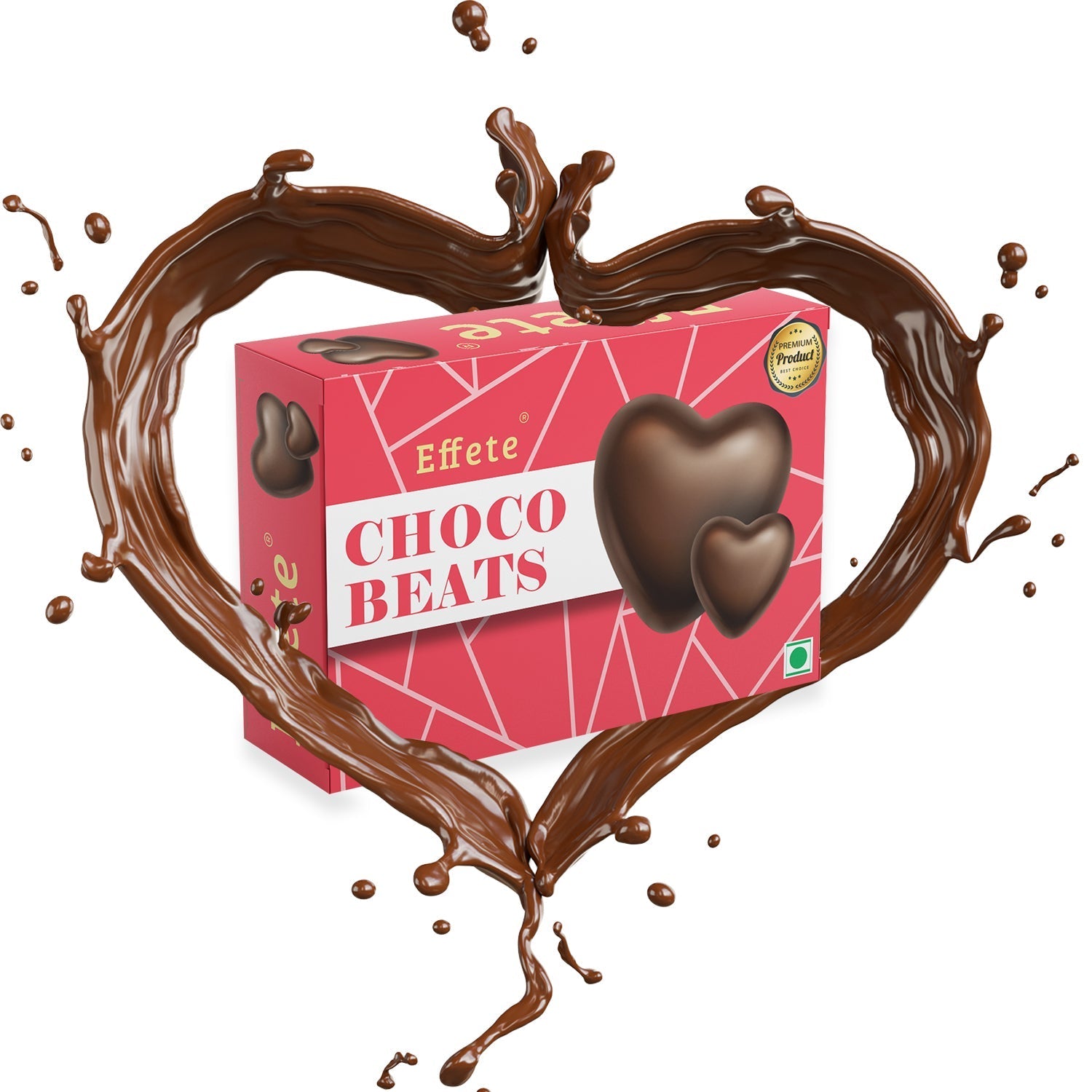 Pink box of heart-shaped chocolates surrounded by a splash of liquid chocolate forming a heart shape.