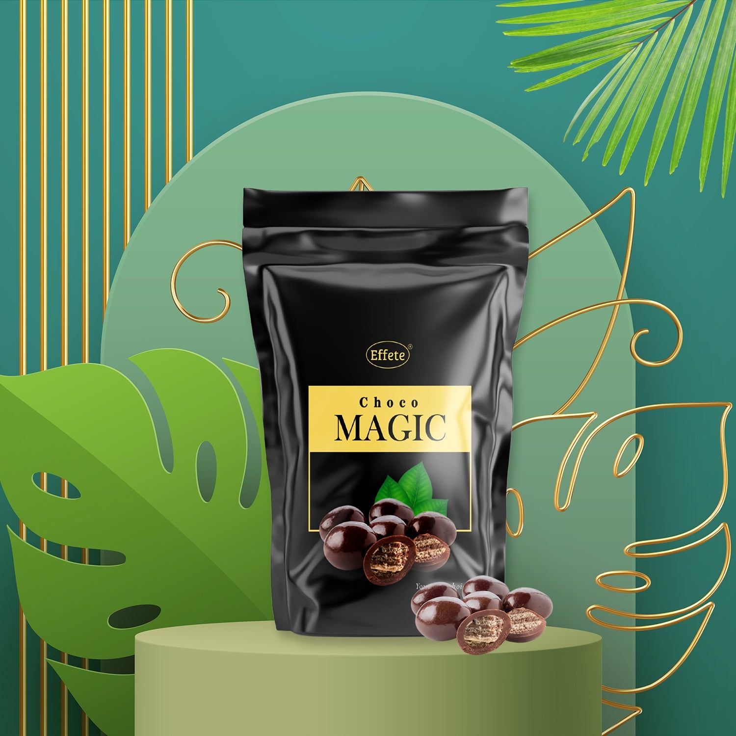 Black "Choco Magic" pouch surrounded by green tropical leaves and gold geometric shapes on a light green pedestal.