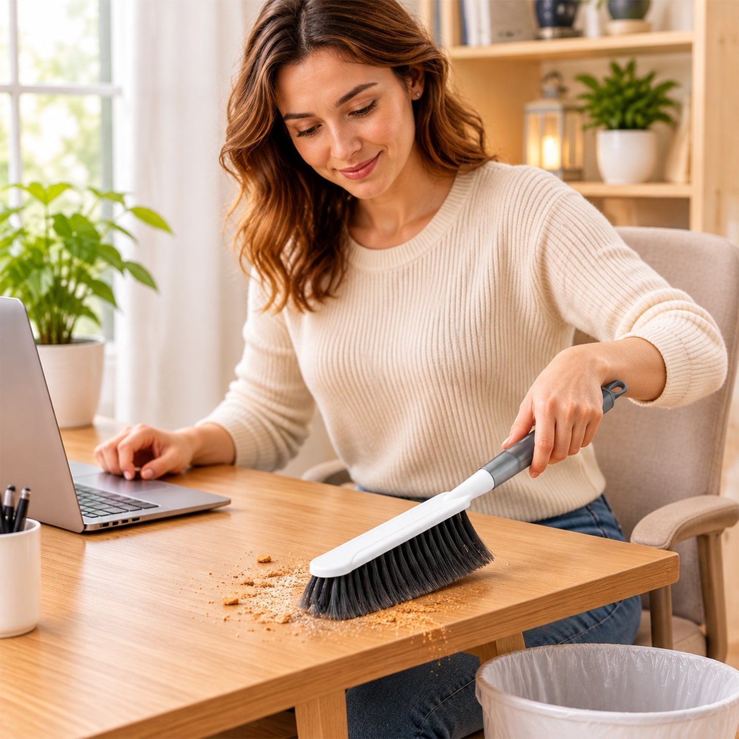 A person uses the white and gray brush to sweep crumbs from a wooden desk into a waste bin.