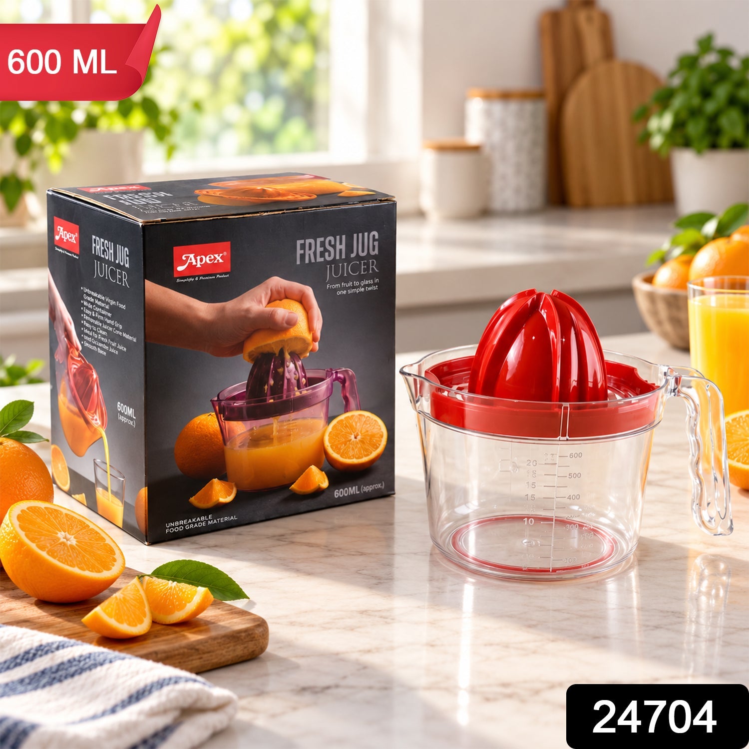 Apex Fresh Jug Manual Citrus Juicer with Strainer and Measuring Jug 600ml