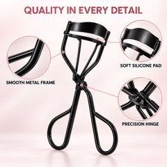 A black metal eyelash curler with a white silicone pad, highlighting the smooth frame and precision hinge.