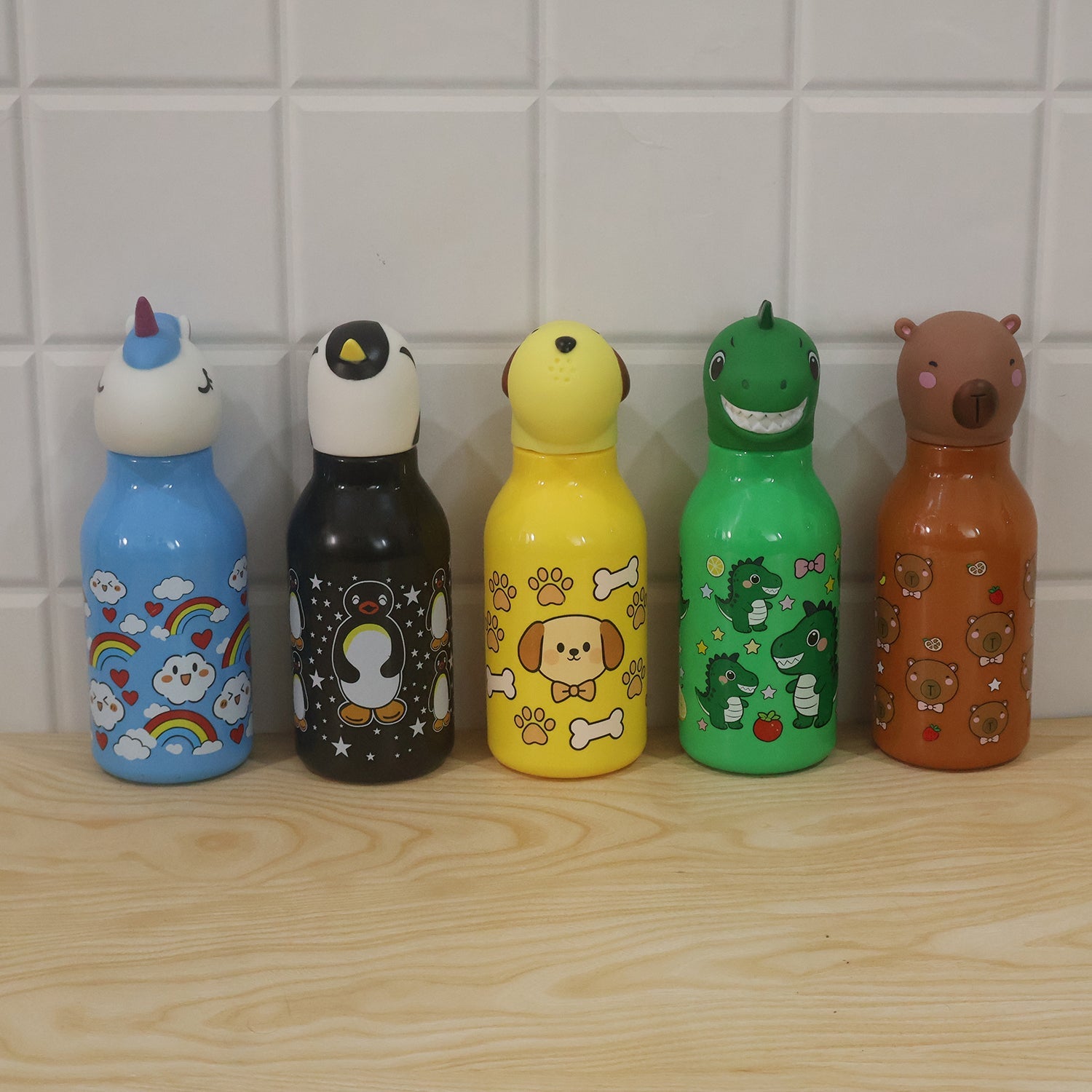 Kids Animal Water Bottle with 3D Character Cap and Printed Design (1 Pc, Mix Design)