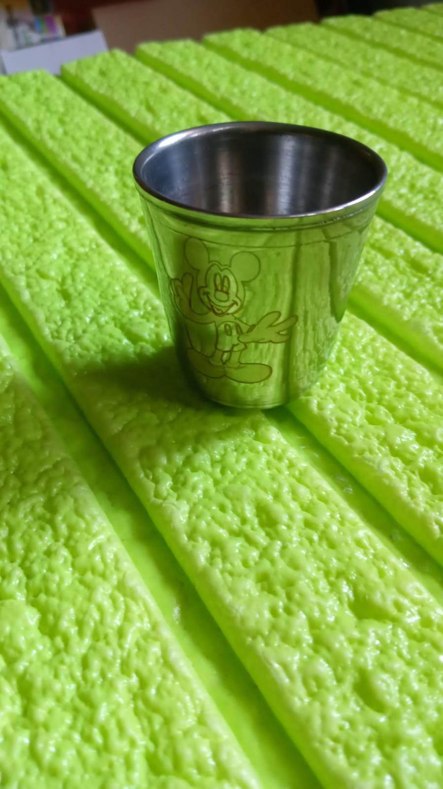Full view of the 6-piece stainless steel kids glass set with bell.