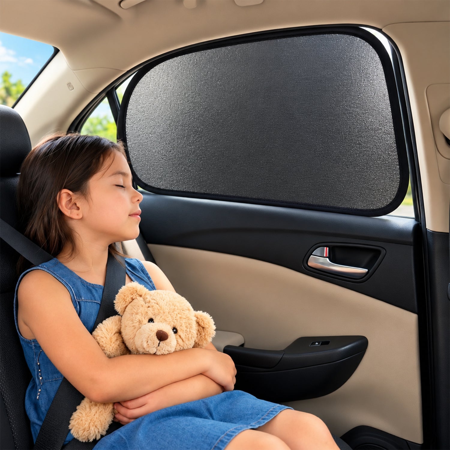 A young girl sleeping in a car seat, holding a teddy bear, with a black car sunshade on the window.