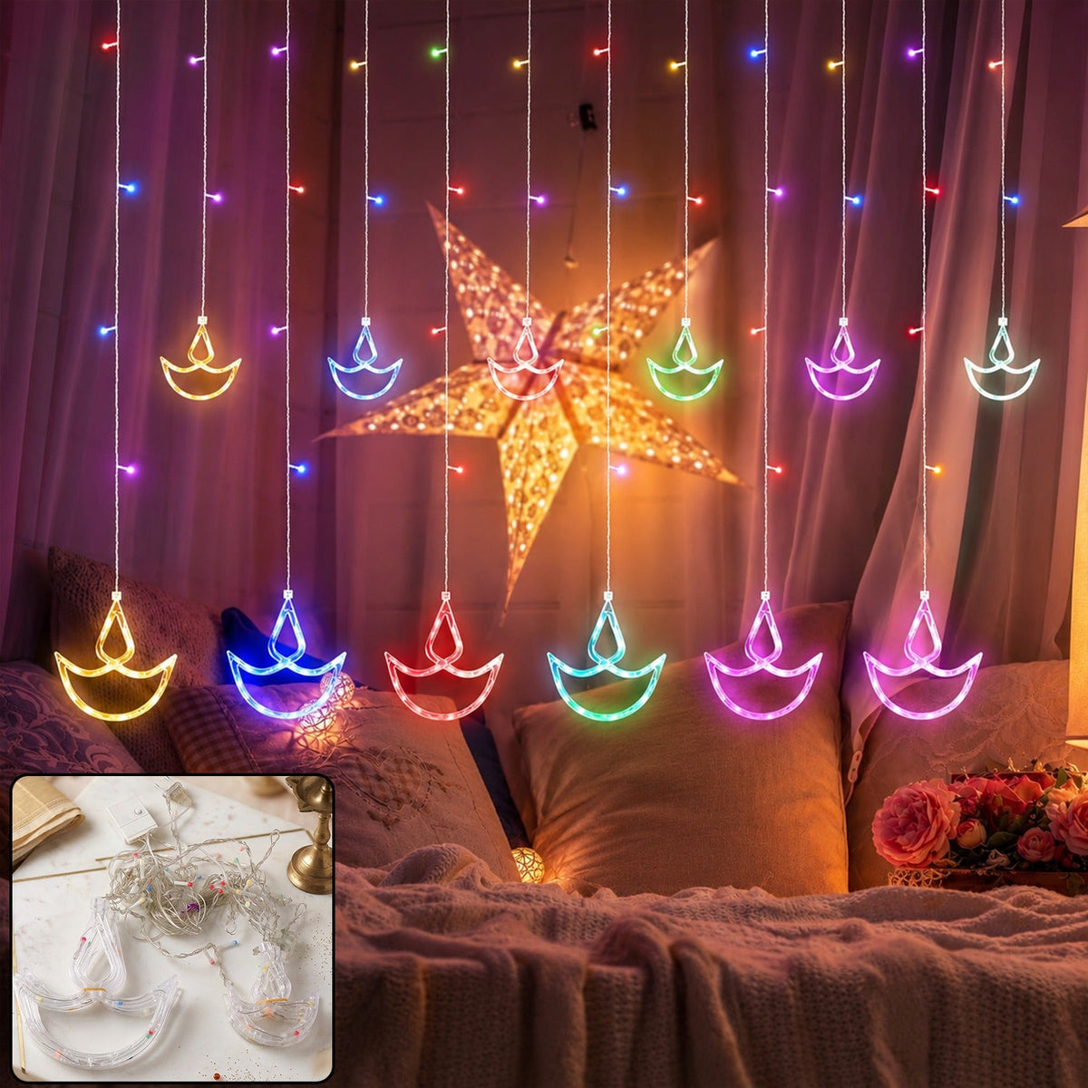 12 diya multicolour LED curtain string light for Diwali decoration