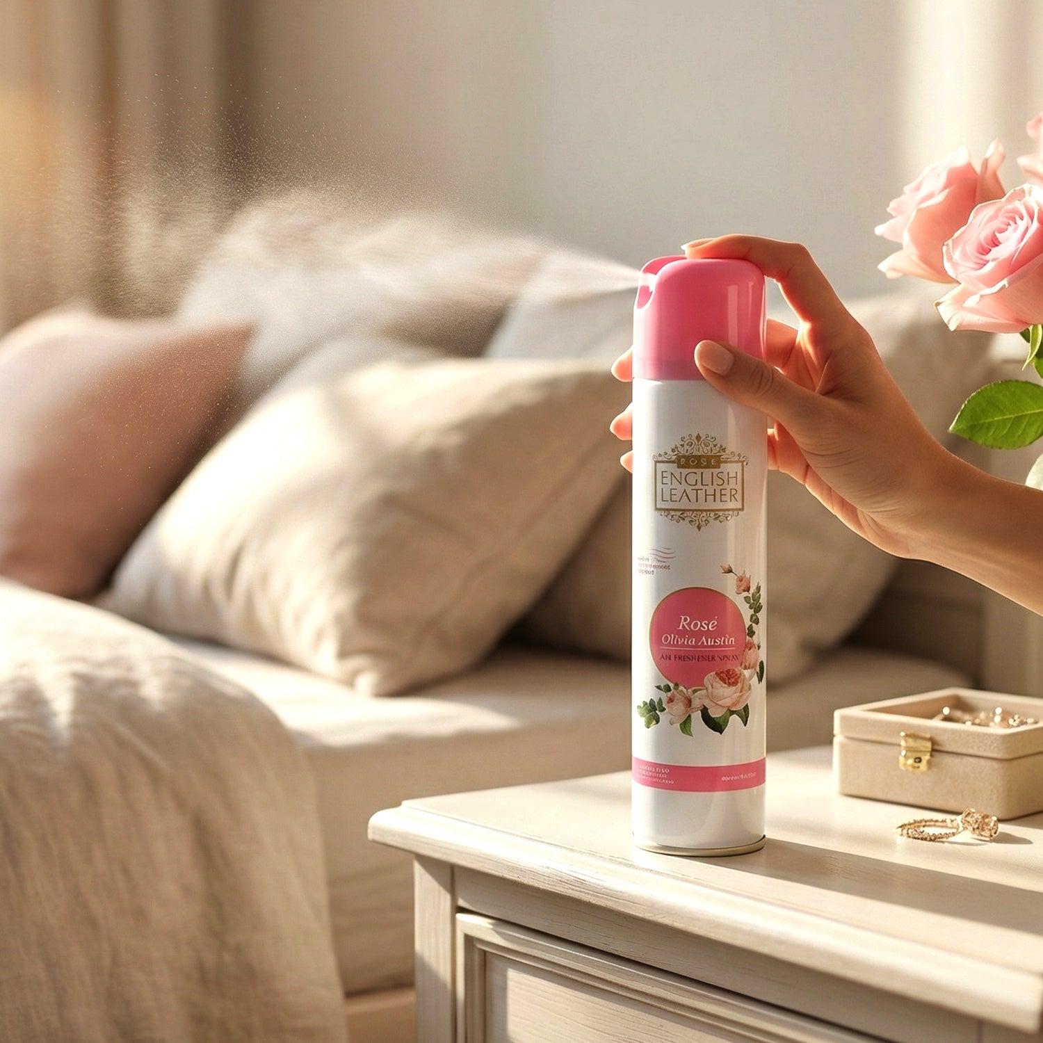Close up view of air freshener spray application