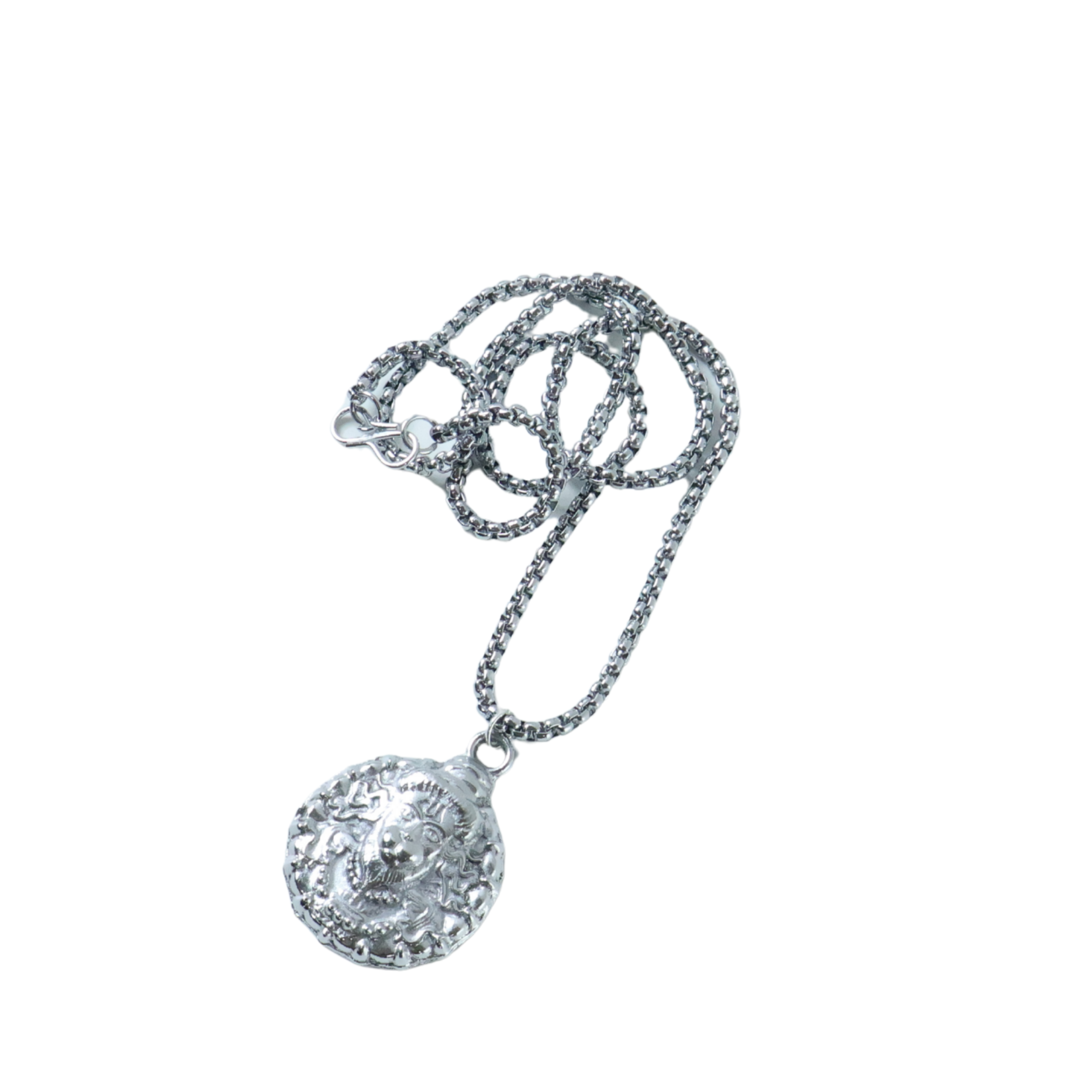 Silver tone Hanuman face pendant necklace with chain close-up