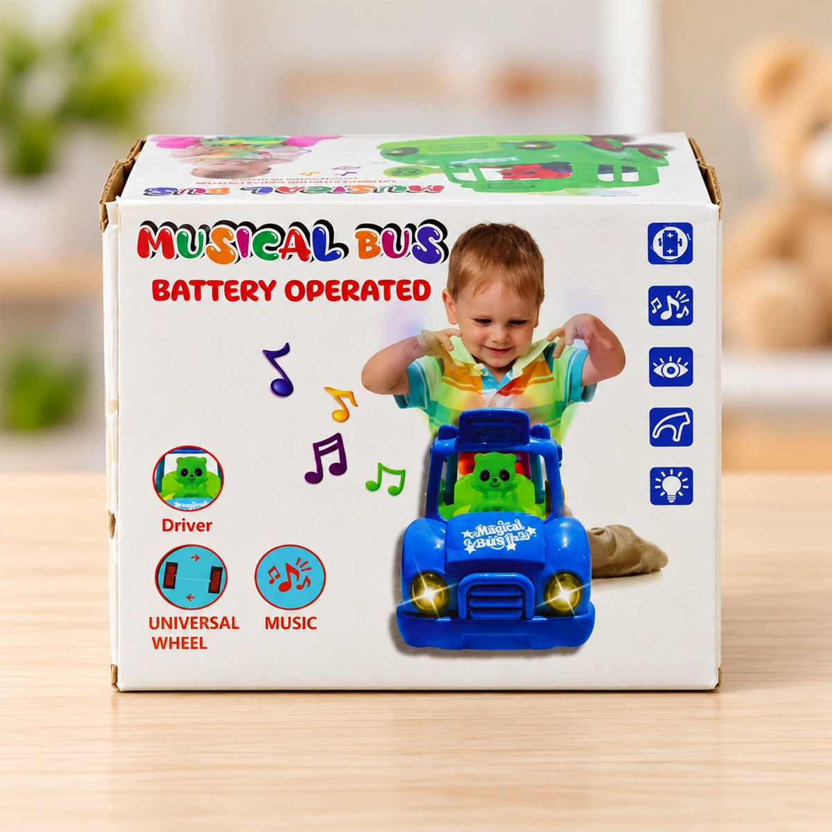 A blue toy bus with a green base and a panda driver is displayed in its product box.