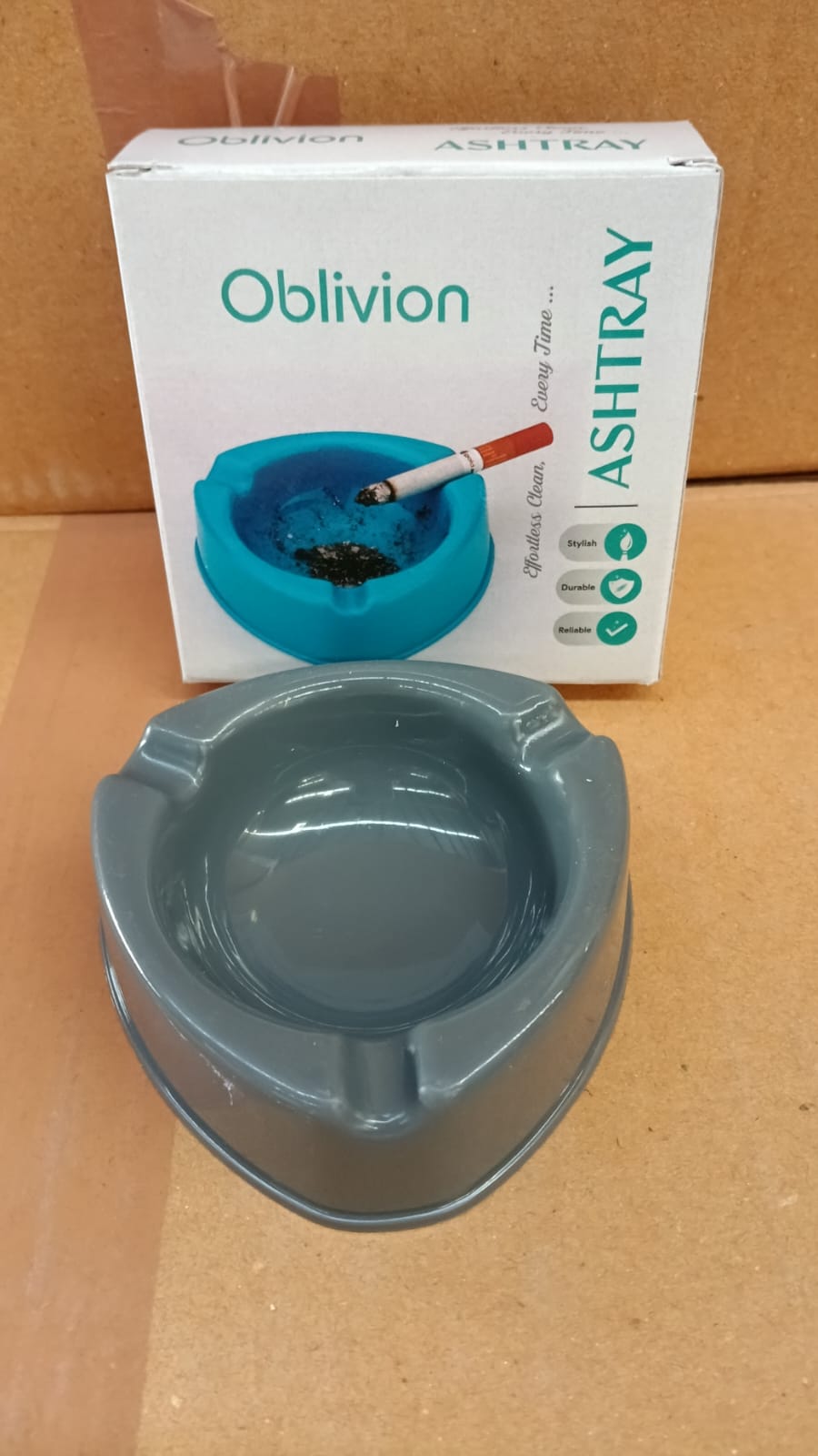 Oblivion Durable Grey Plastic Ashtray on Table