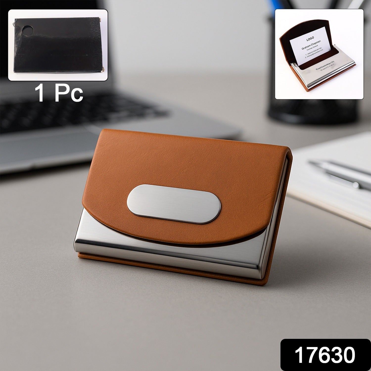 Leather & Stainless-Steel Business Card Holder (1 Pc)
