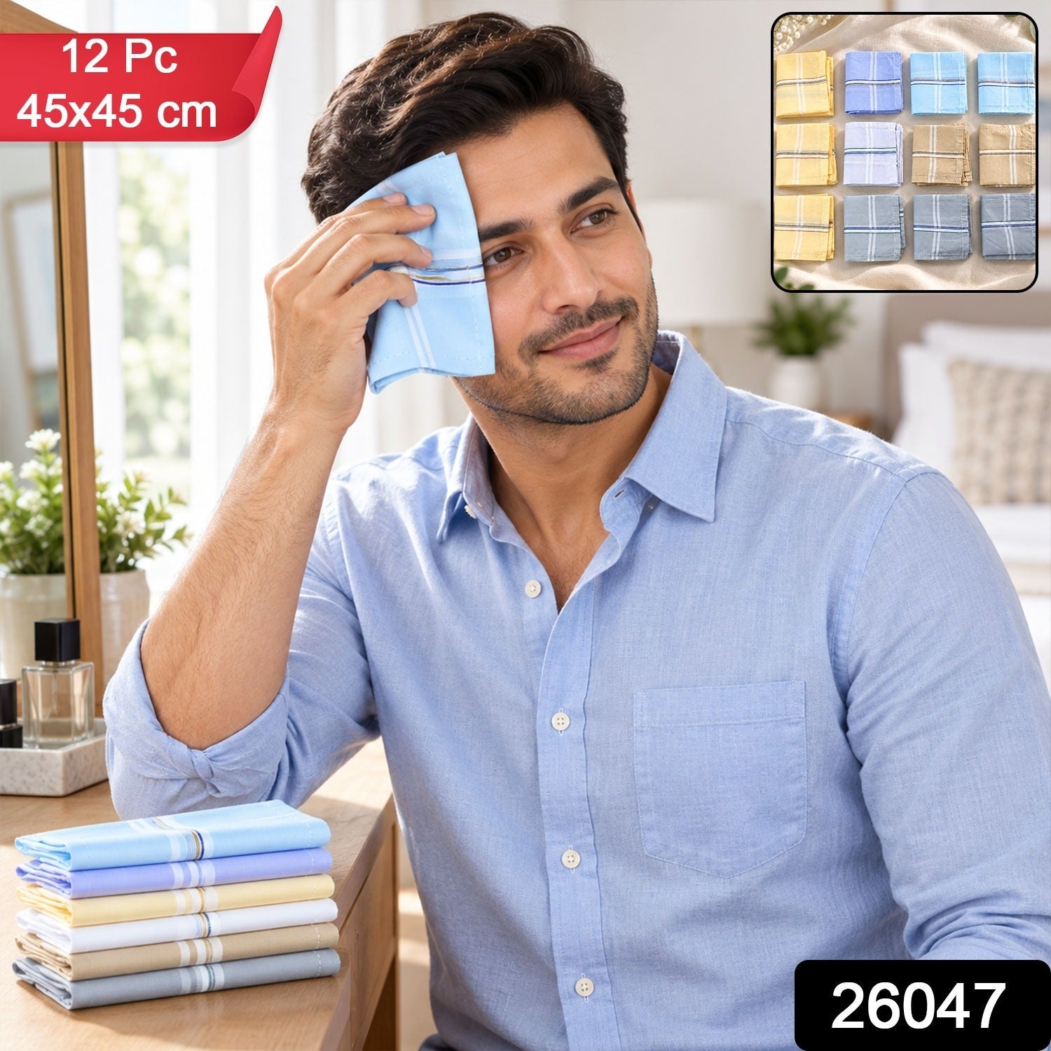 A man wipes his face with a light blue handkerchief, a stack of colorful handkerchiefs on the table, with product dimensions