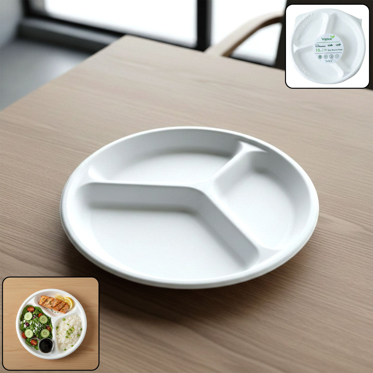 Disposable Round 3 Compartment Meal Plate (Pack of 10 Pc)
