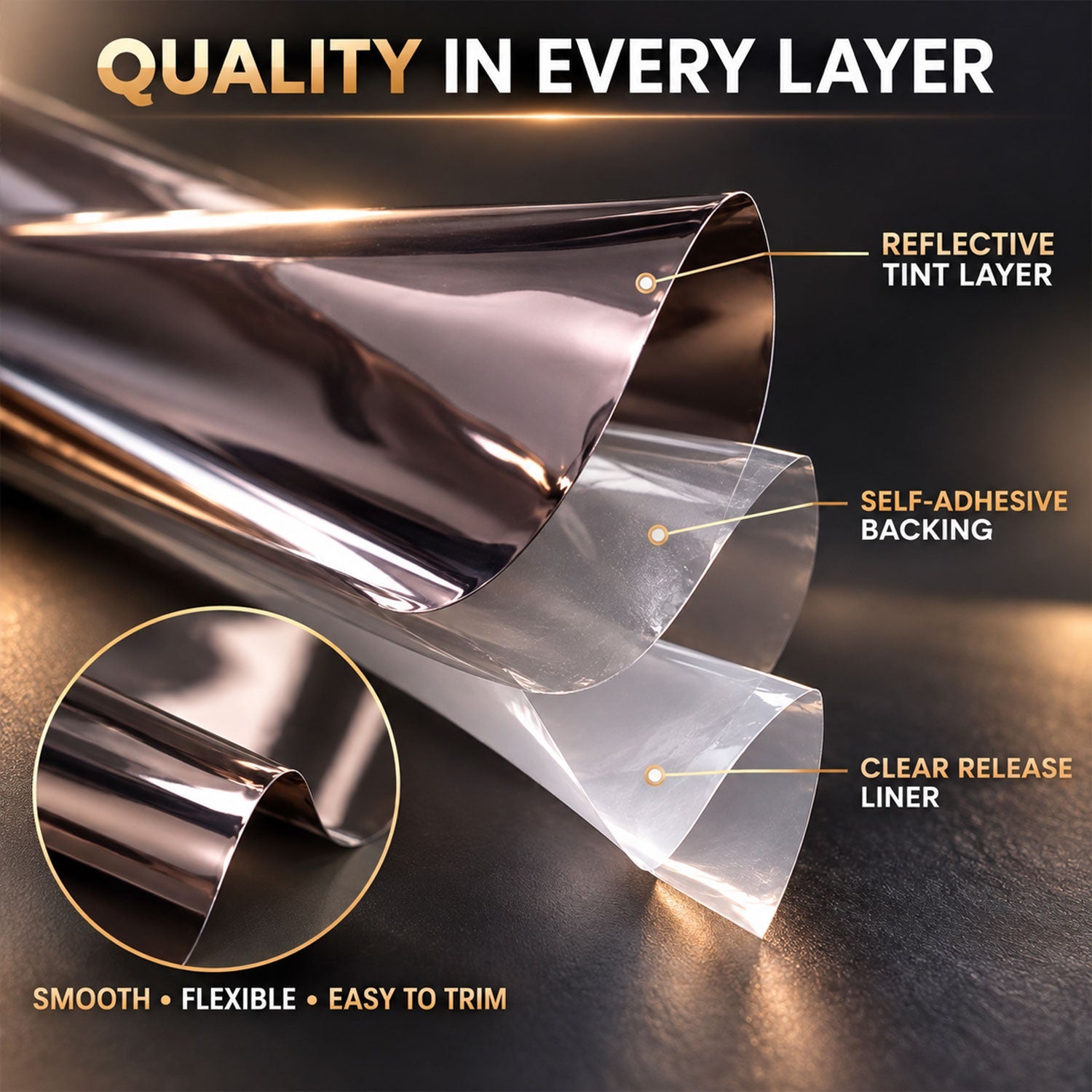Layered view of the reflective film showing the tint, self-adhesive backing, and clear release liner on a dark surface.