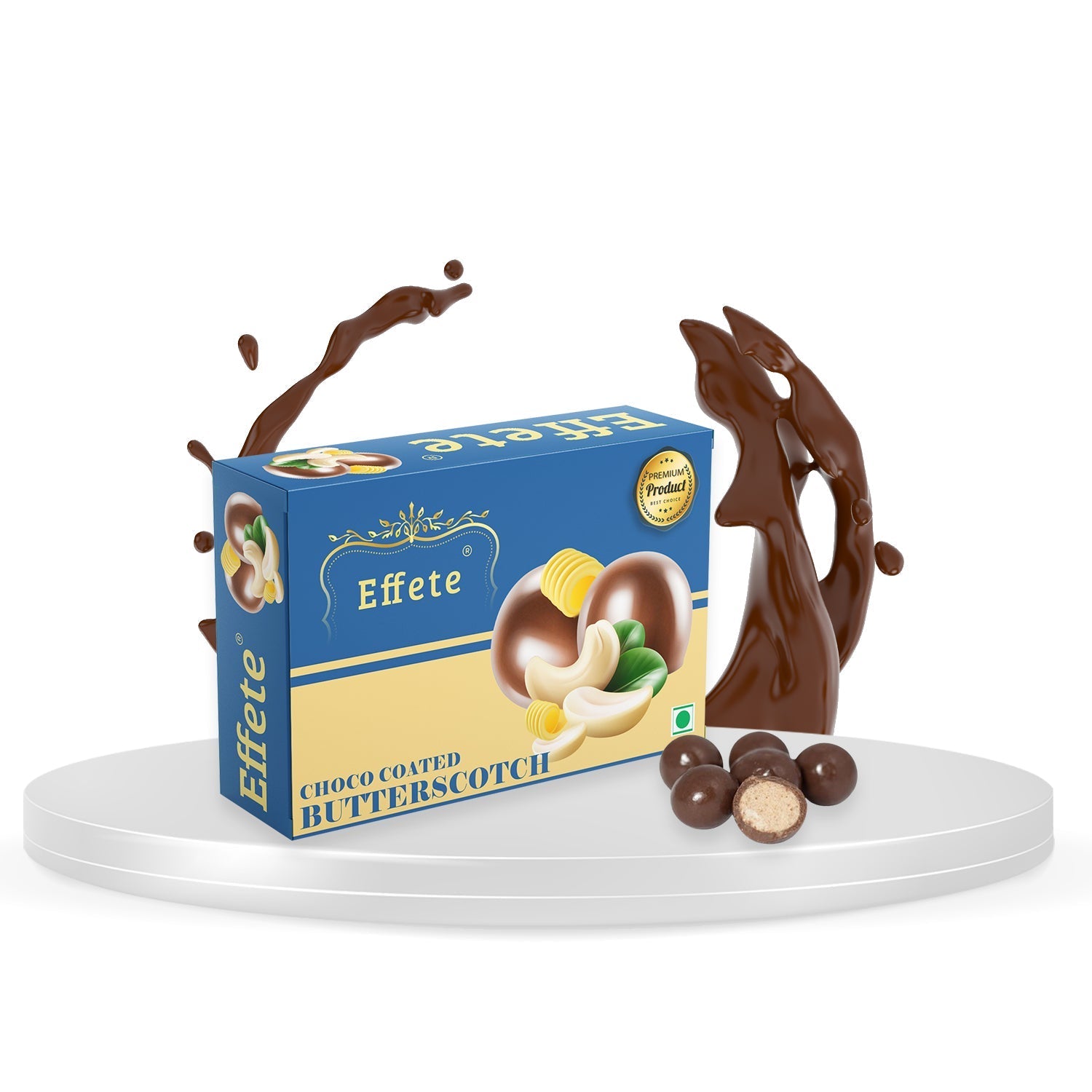 Effete Choco Coated Butterscotch box with chocolate balls and splashing chocolate on a white pedestal.