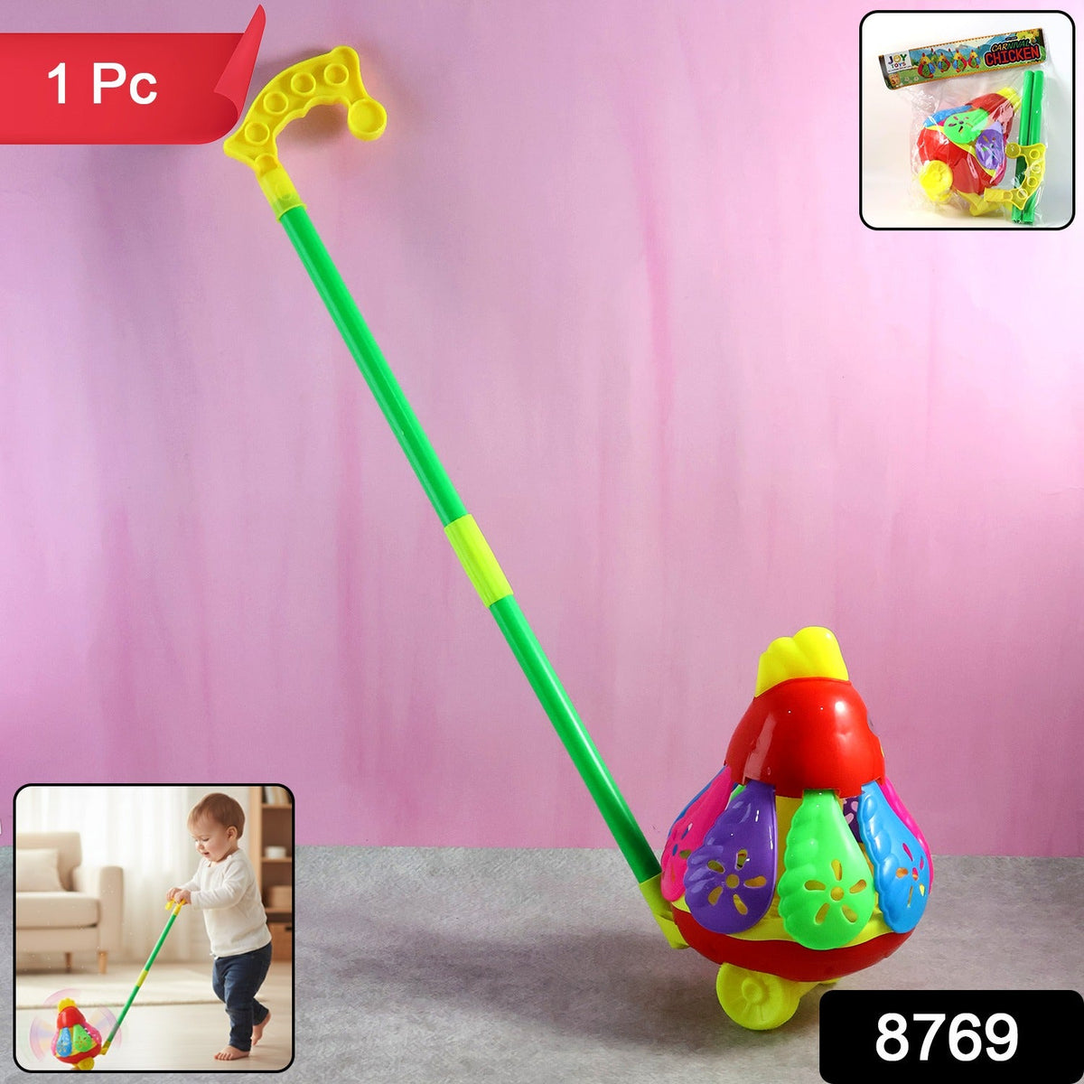 Toddler Playing with Carnival Chicken Push Toy