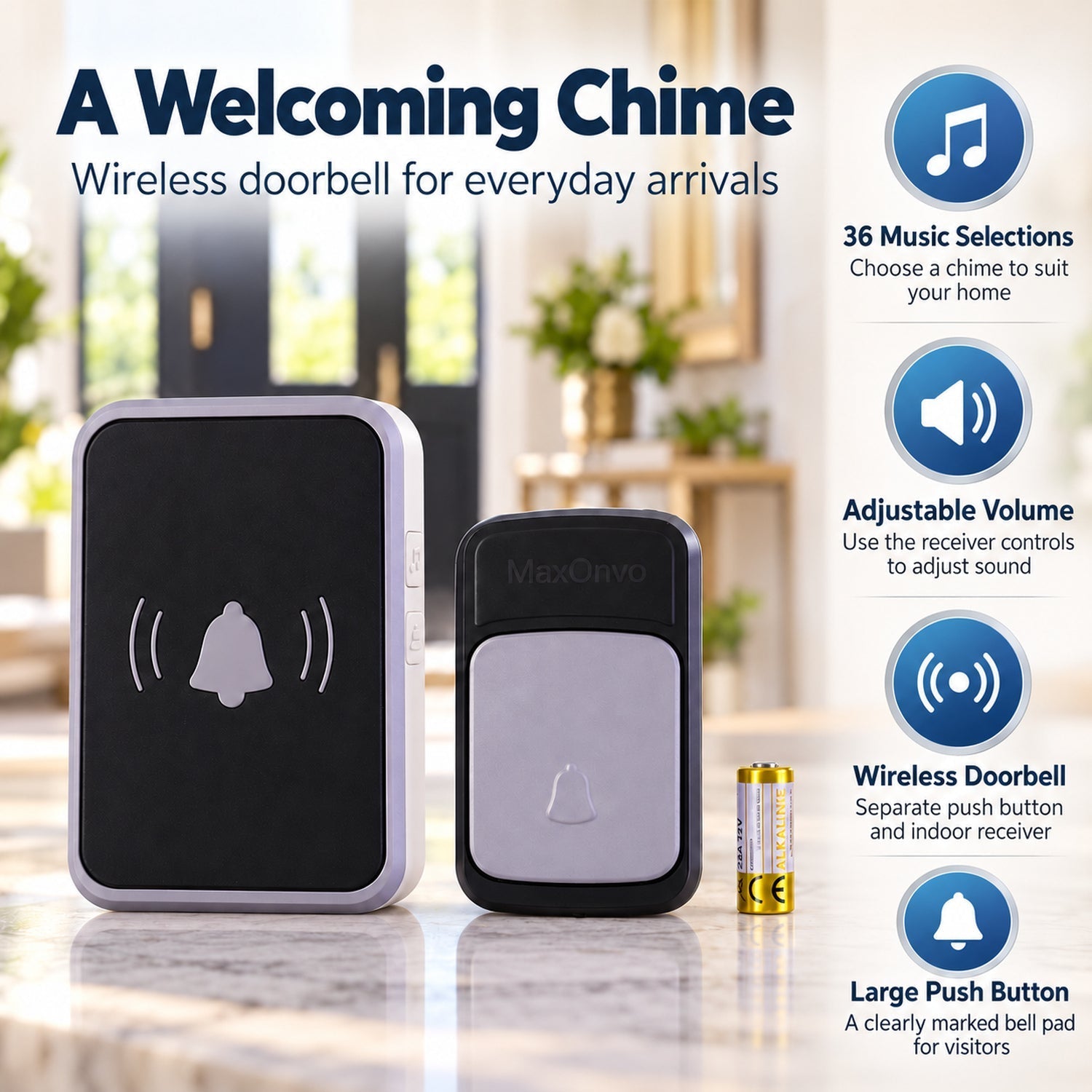 A wireless doorbell set with a receiver, transmitter, and battery, accompanied by text highlighting its features like