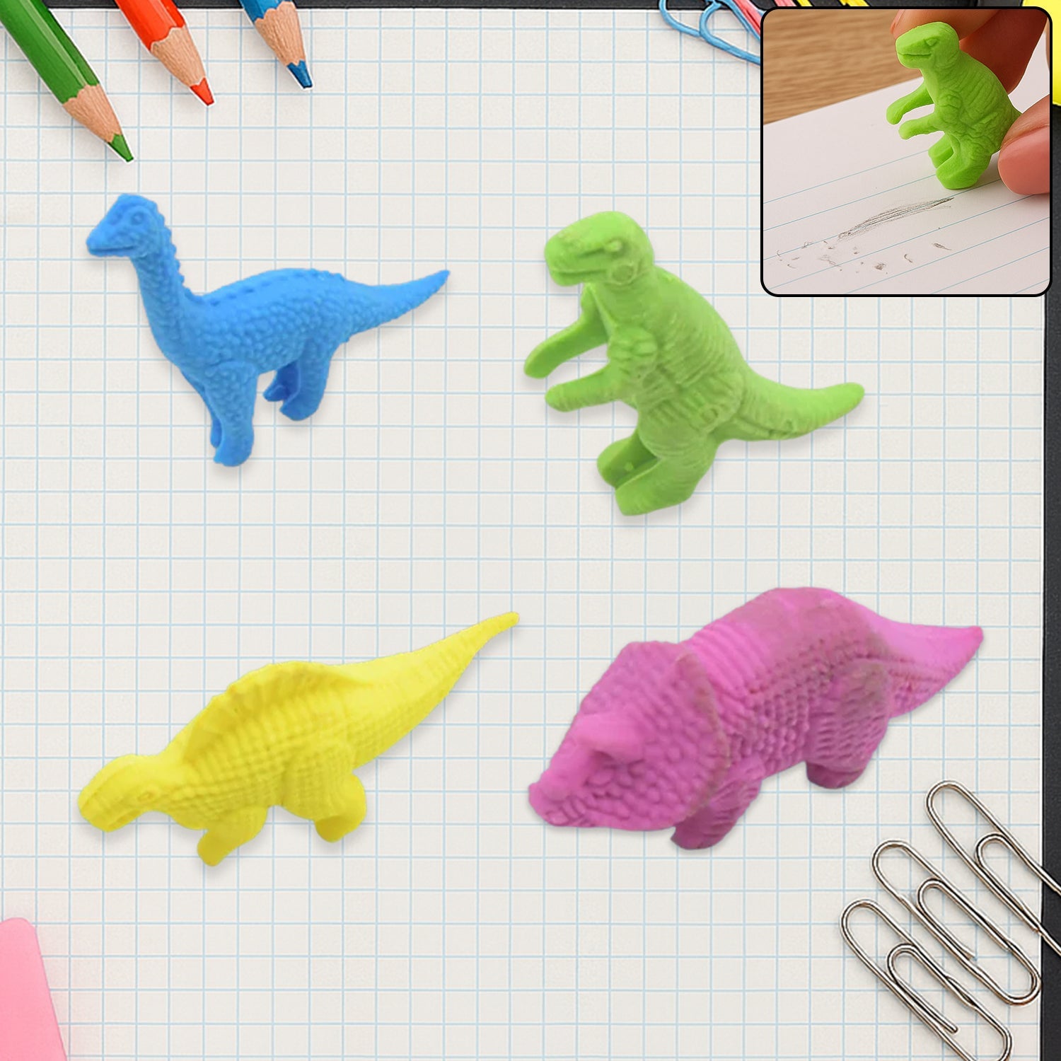 Set of 4 small dinosaur erasers for kids' school supplies
