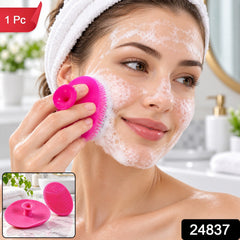 A woman uses a pink silicone face brush, with a small inset showing the brush's front and back on a marble surface.