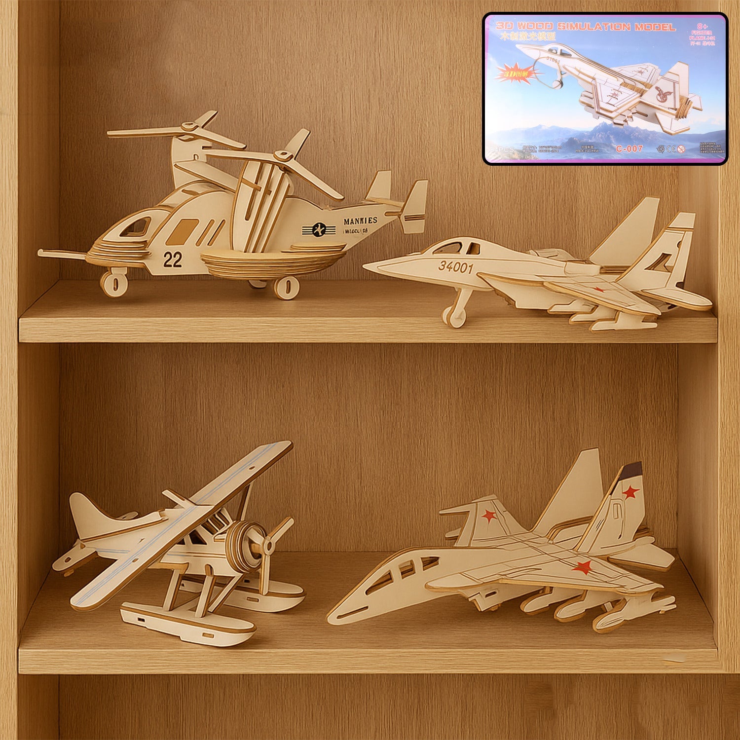 3D Wooden Aircraft Puzzle DIY Assembly Kit (Mix Design â€“ 1 Set)