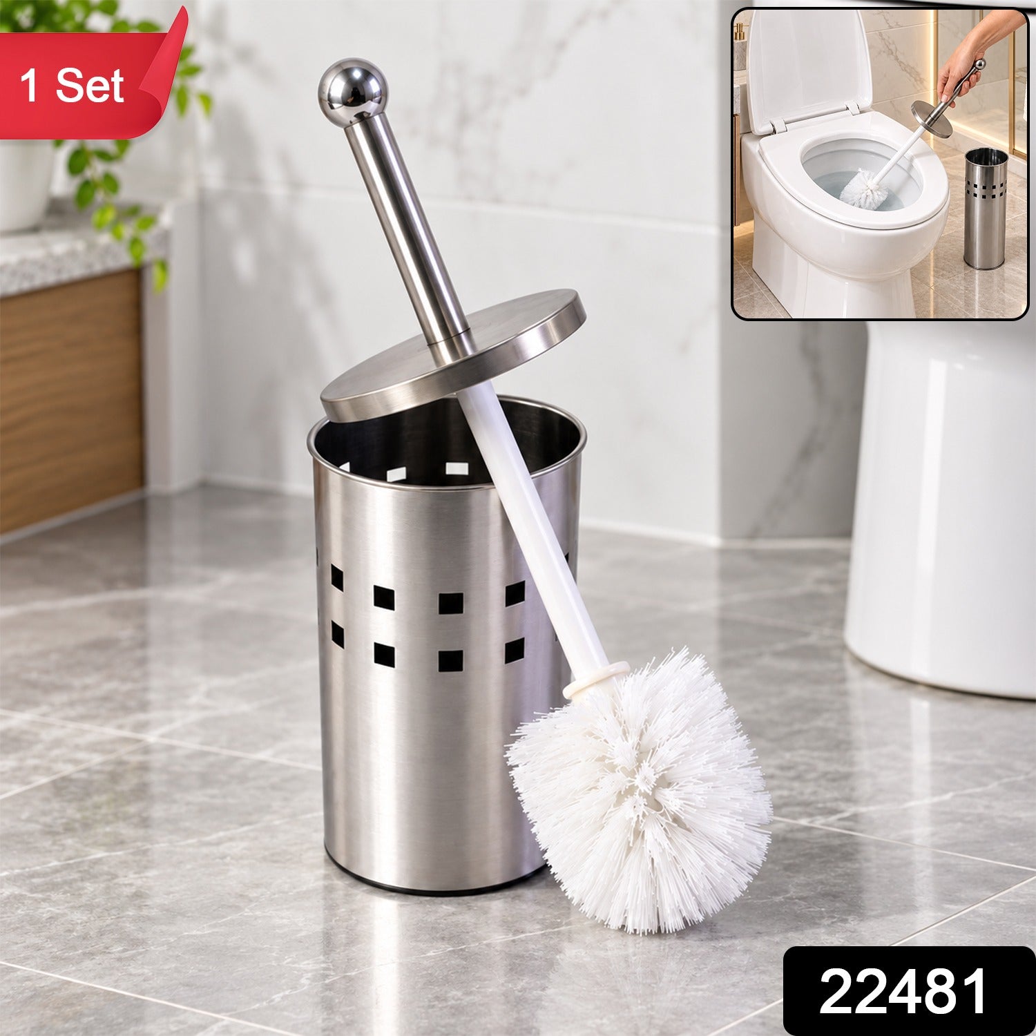 A stainless steel toilet brush holder with the brush partially out, shown with an inset image of it being used in a toilet.