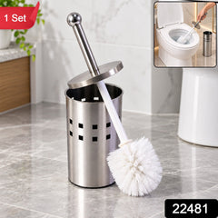 A stainless steel toilet brush holder with the brush partially out, shown with an inset image of it being used in a toilet.