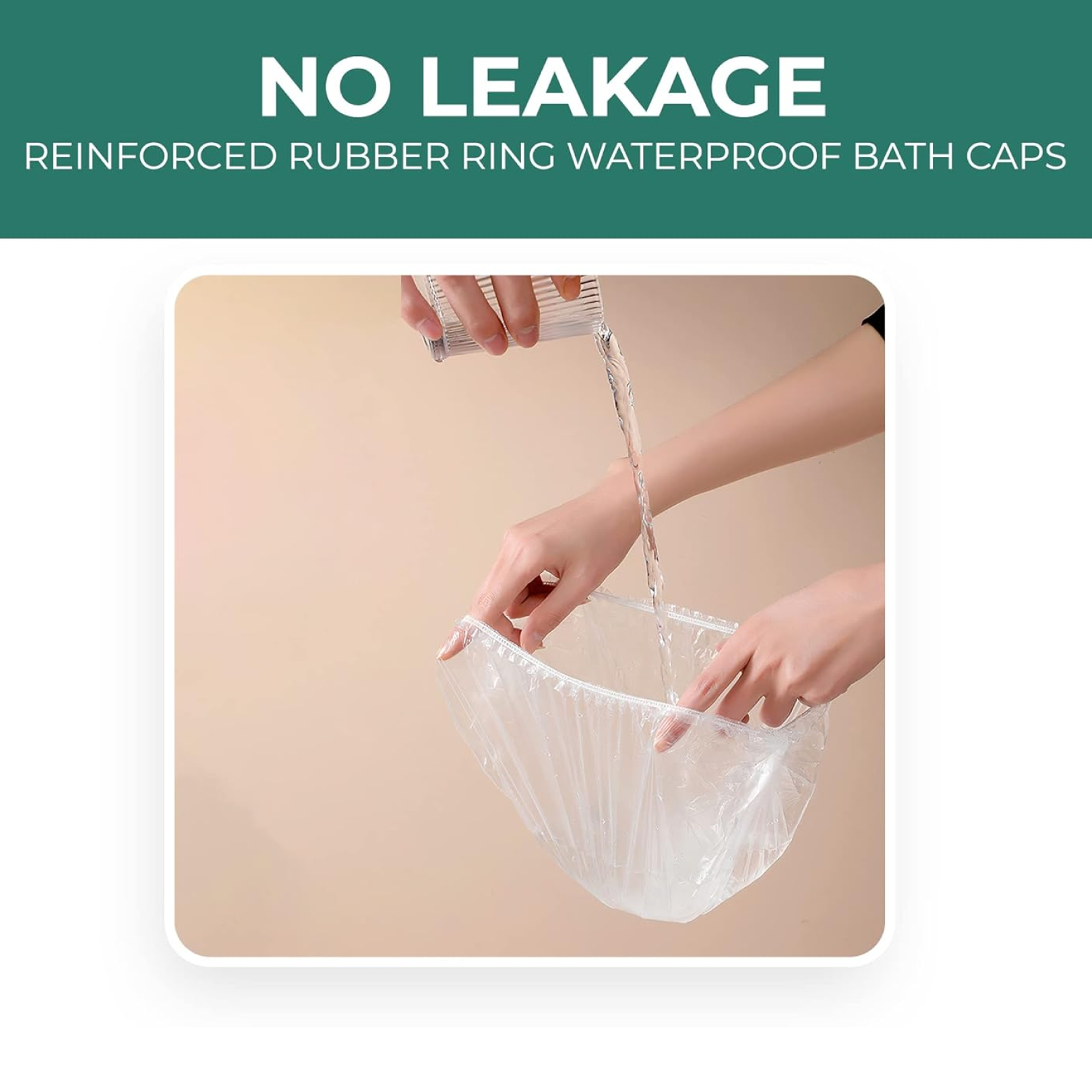 Hands holding a clear shower cap under running water, demonstrating its waterproof quality.