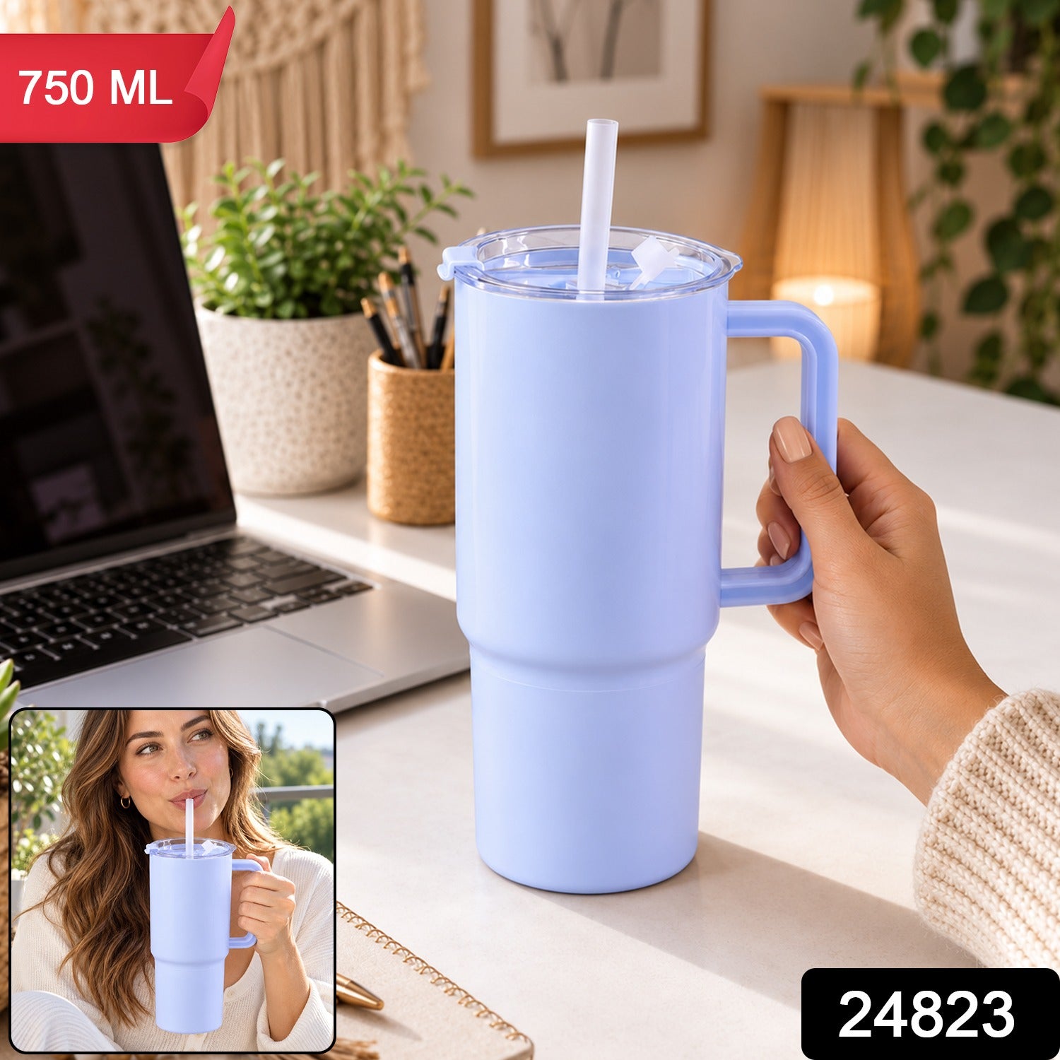 Person holding 750 ml travel tumbler with straw and handle
