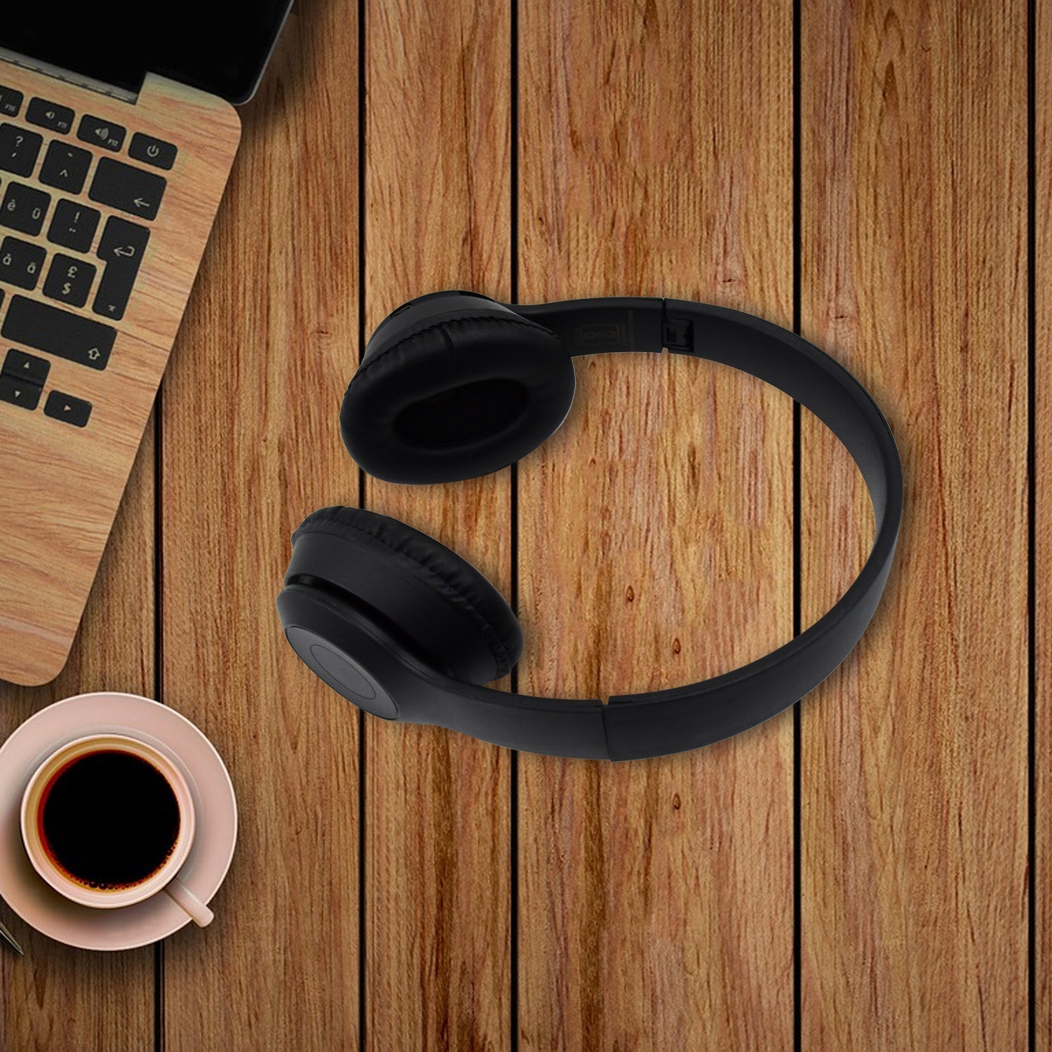 Close-up of the adjustable headband and soft ear cushions of the over-ear headset.