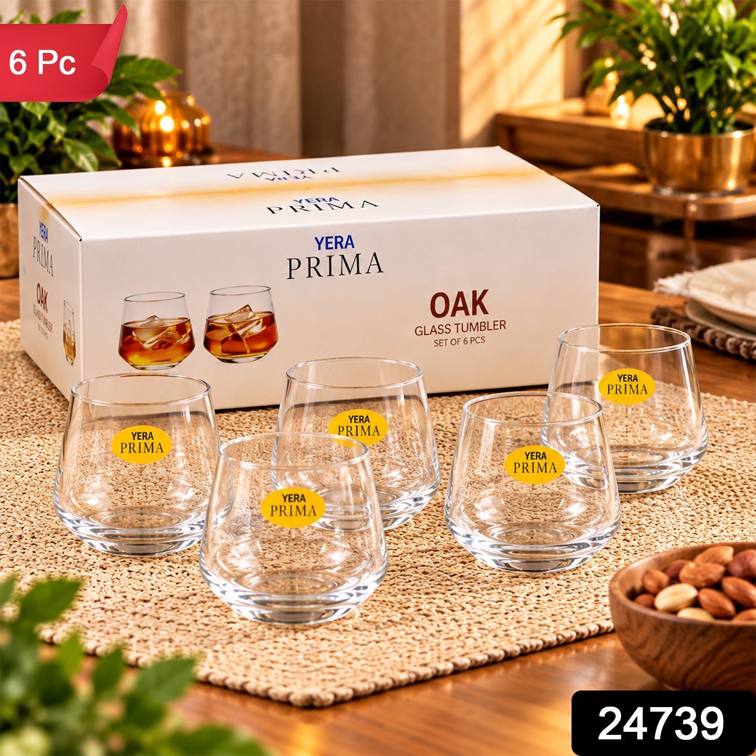 Yera Prima Oak Clear Glass Tumbler Set for Water, Juice and Drinks (6 Pc)