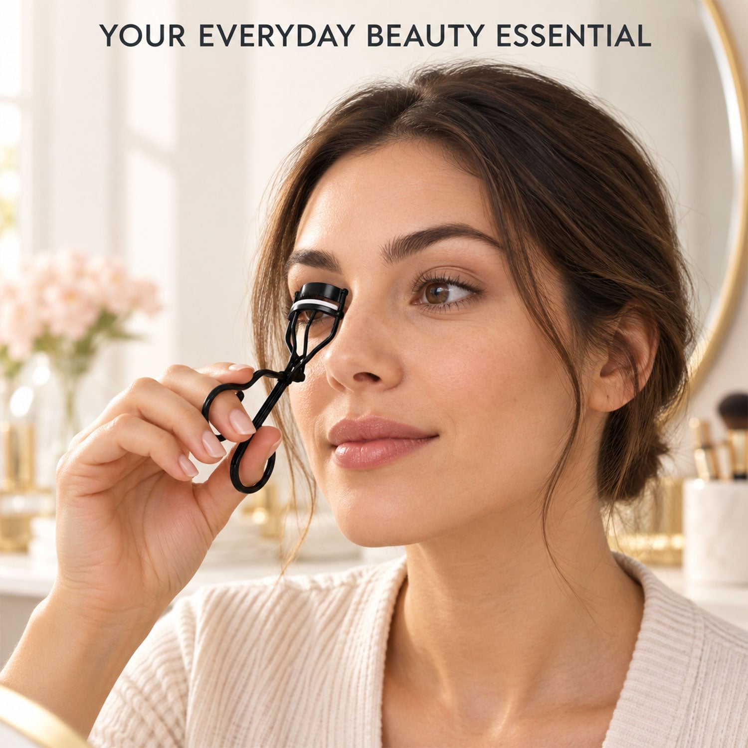 A woman with brown hair holding a black eyelash curler with a white silicone pad to her right eye.