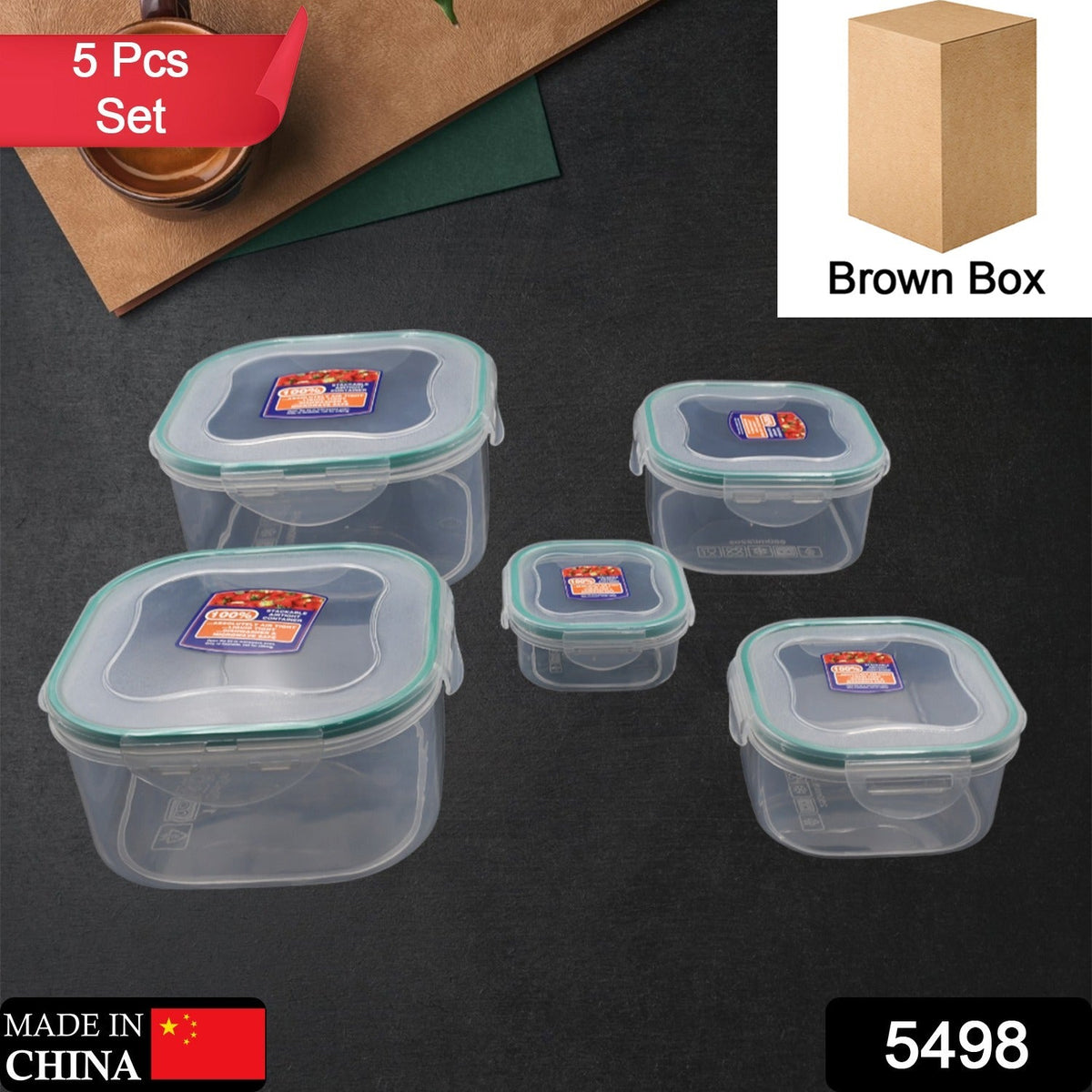 5-piece plastic fridge storage container set.