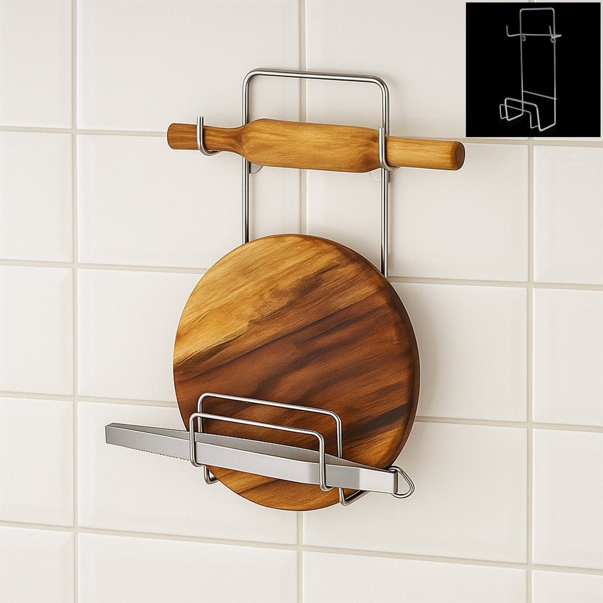 Stainless steel chakla belan chimta stand with rolling pin and tongs