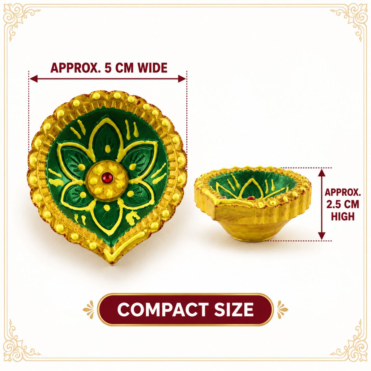 Two green and gold painted clay diyas, one showing a top view and the other a side view with dimensions.