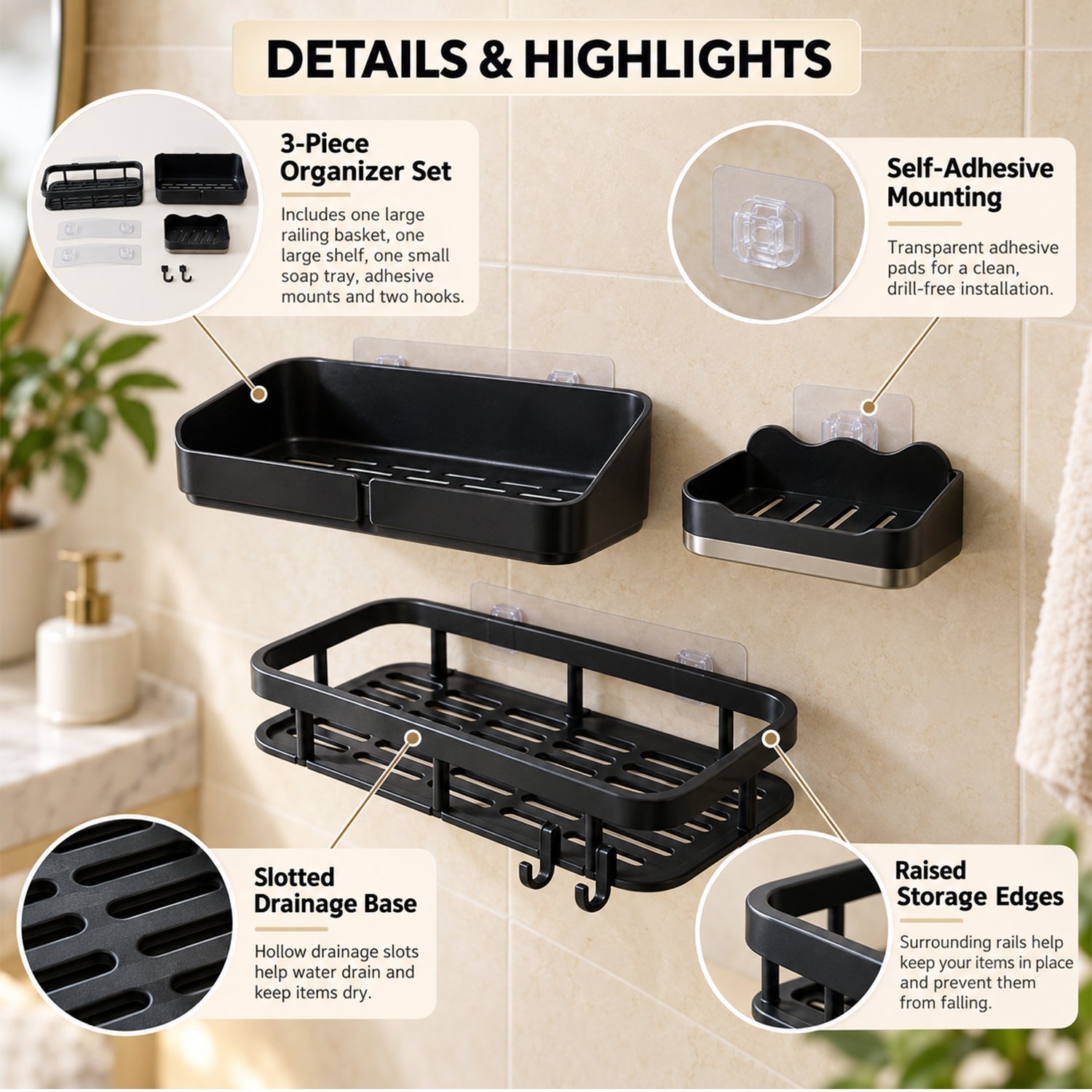 A graphic showing the features of the three-piece black plastic shower caddy set on a bathroom background.