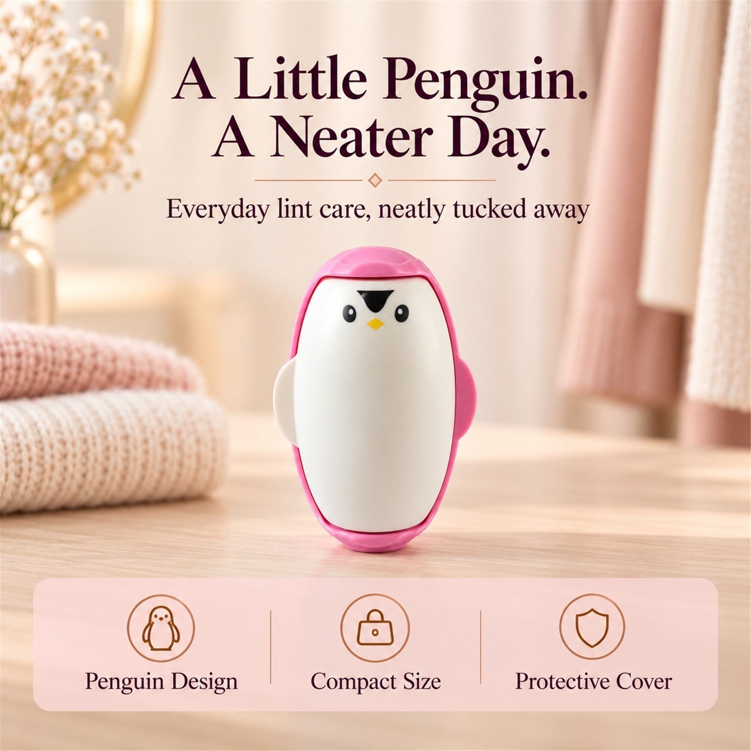 The pink penguin lint roller sits on a wooden dresser, with text overlay and icons highlighting its features.