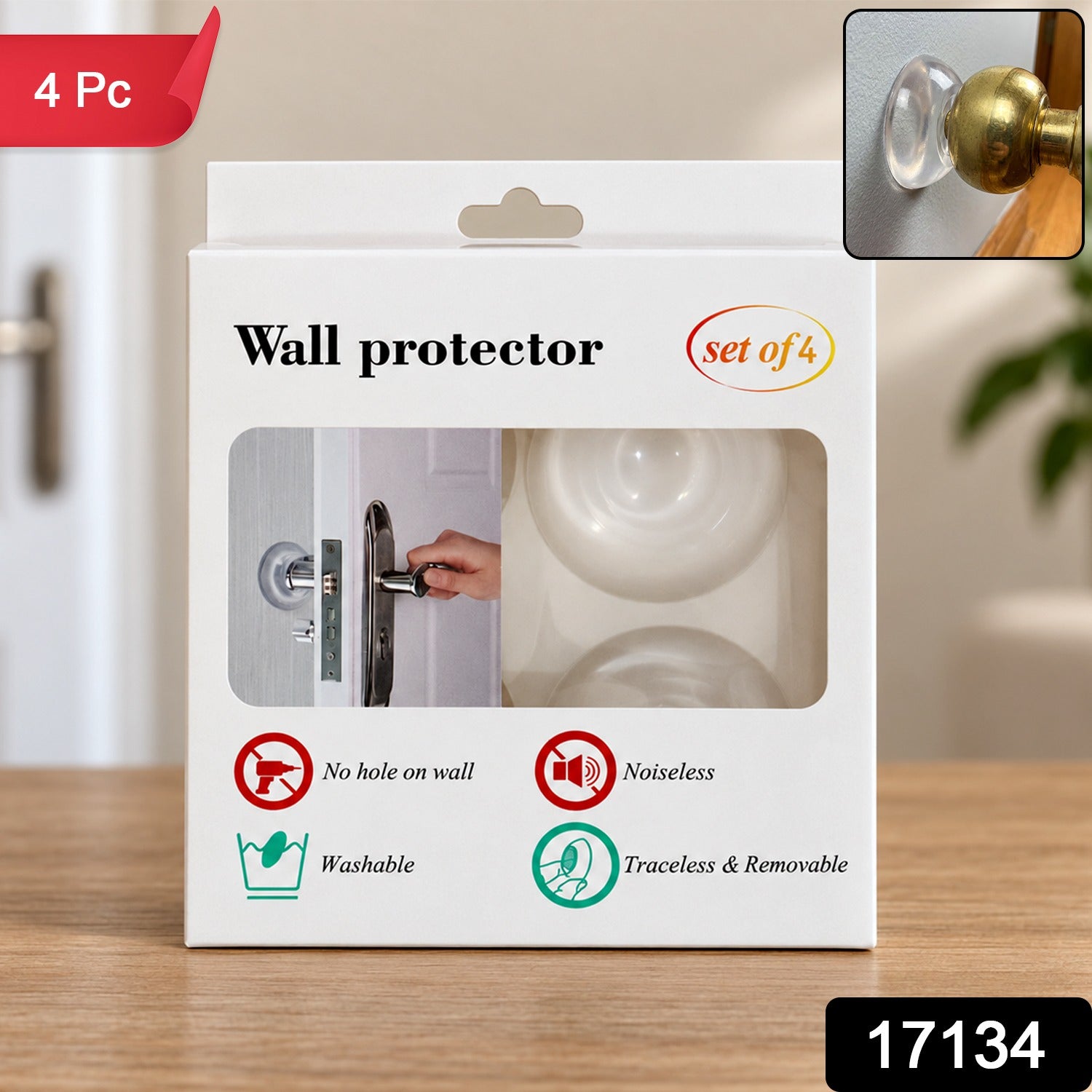 A white box for wall protectors with a clear window and an inset image of a clear protector on a wall behind a brass