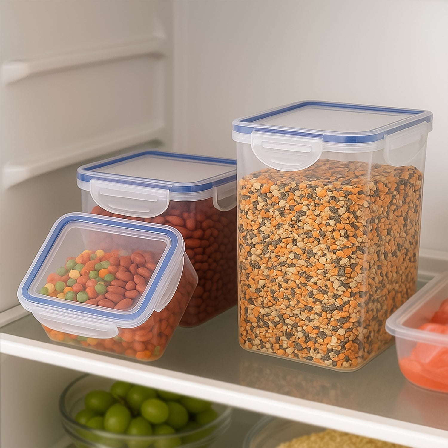 Set of 3 rectangular plastic airtight food storage containers with lids
