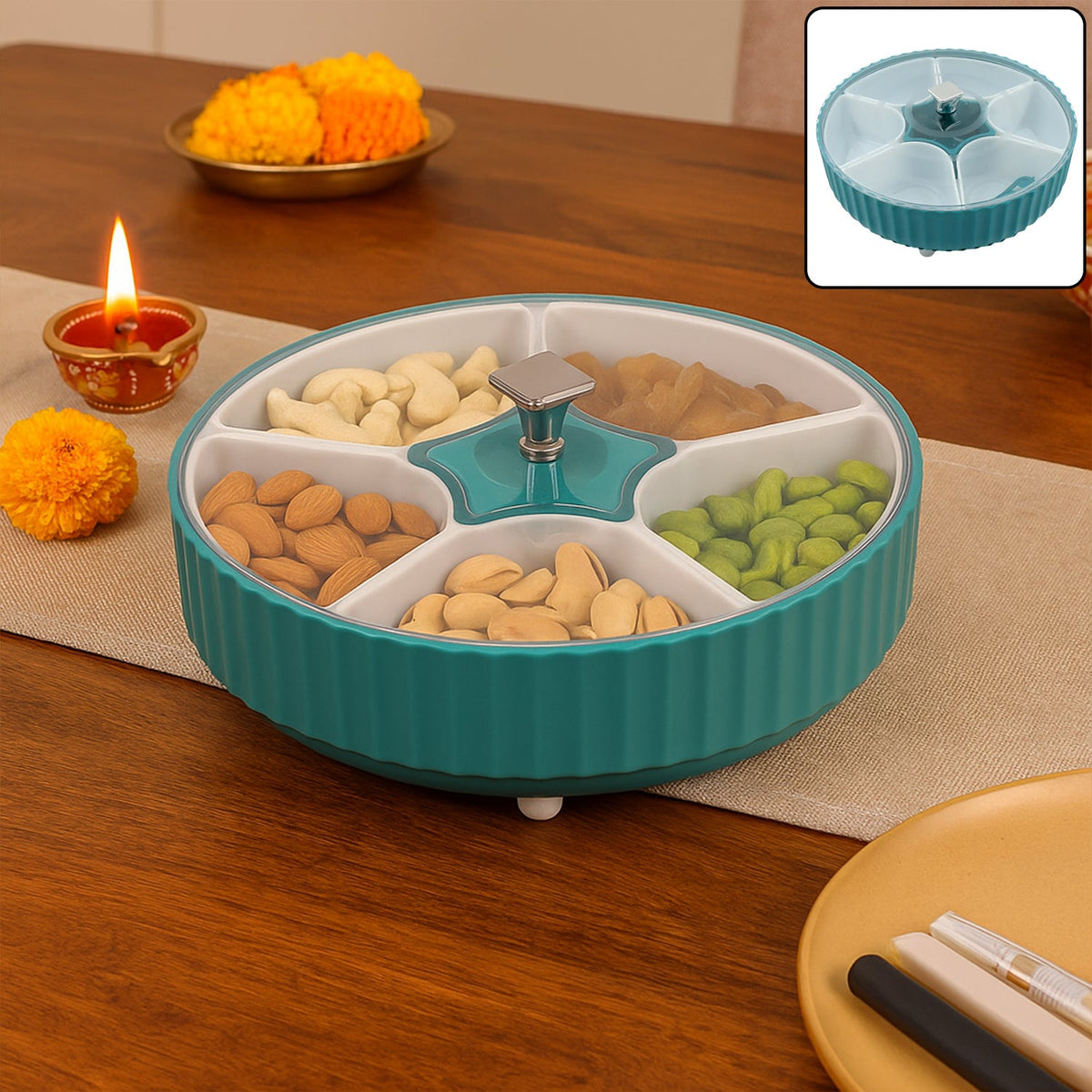 Dry Fruit & Snack Organizer: 360Â° Revolving Box (7 Compartments, Airtight)