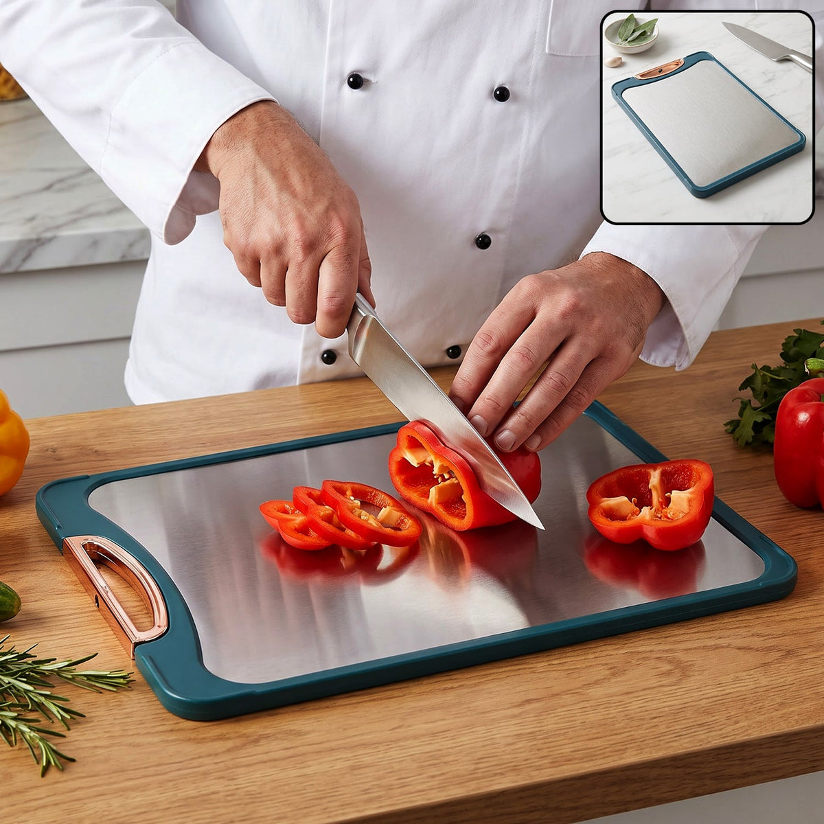 A chef slices red bell pepper on a teal and stainless steel cutting board with a copper-colored handle accent.
